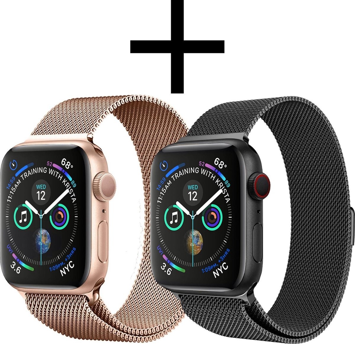 NoXx Horlogeband Milanees Geschikt voor Apple Watch 42/44/45 mm Bandje - Bandje Geschikt voor Apple Watch 42/44/45 mm Band Milanees - Zwart & Rose Goud