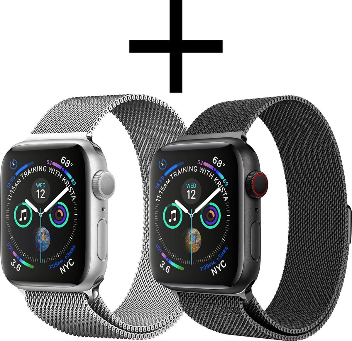 NoXx Horlogeband Milanees Geschikt voor Apple Watch 42/44/45 mm Bandje - Bandje Geschikt voor Apple Watch 42/44/45 mm Band Milanees - Zwart & Zilver