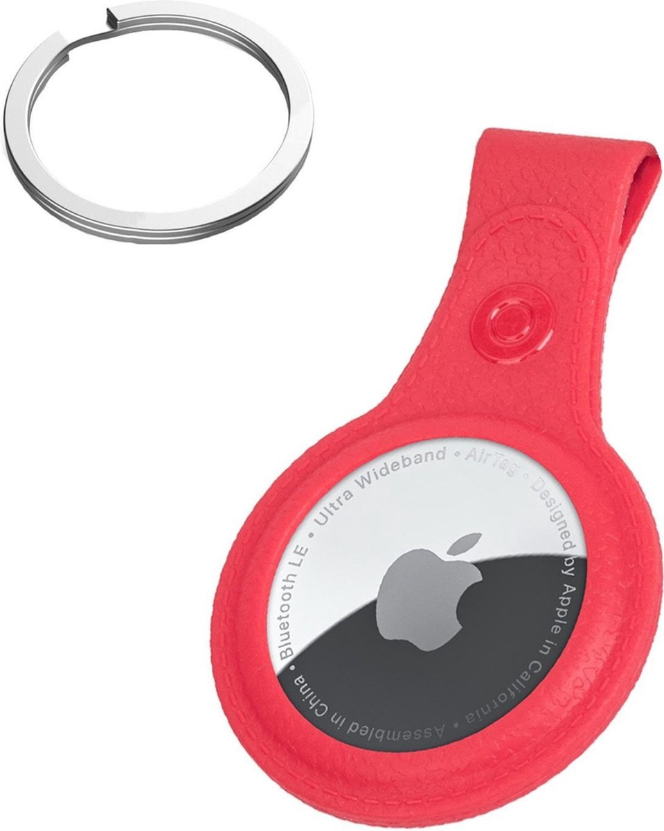 NoXx Hoesje Geschikt voor Apple AirTag Sleutelhanger Houder Leder Look Hoes - Sleutel Hanger Case Hoesje Geschikt voor Apple AirTag Hoesje - Rood