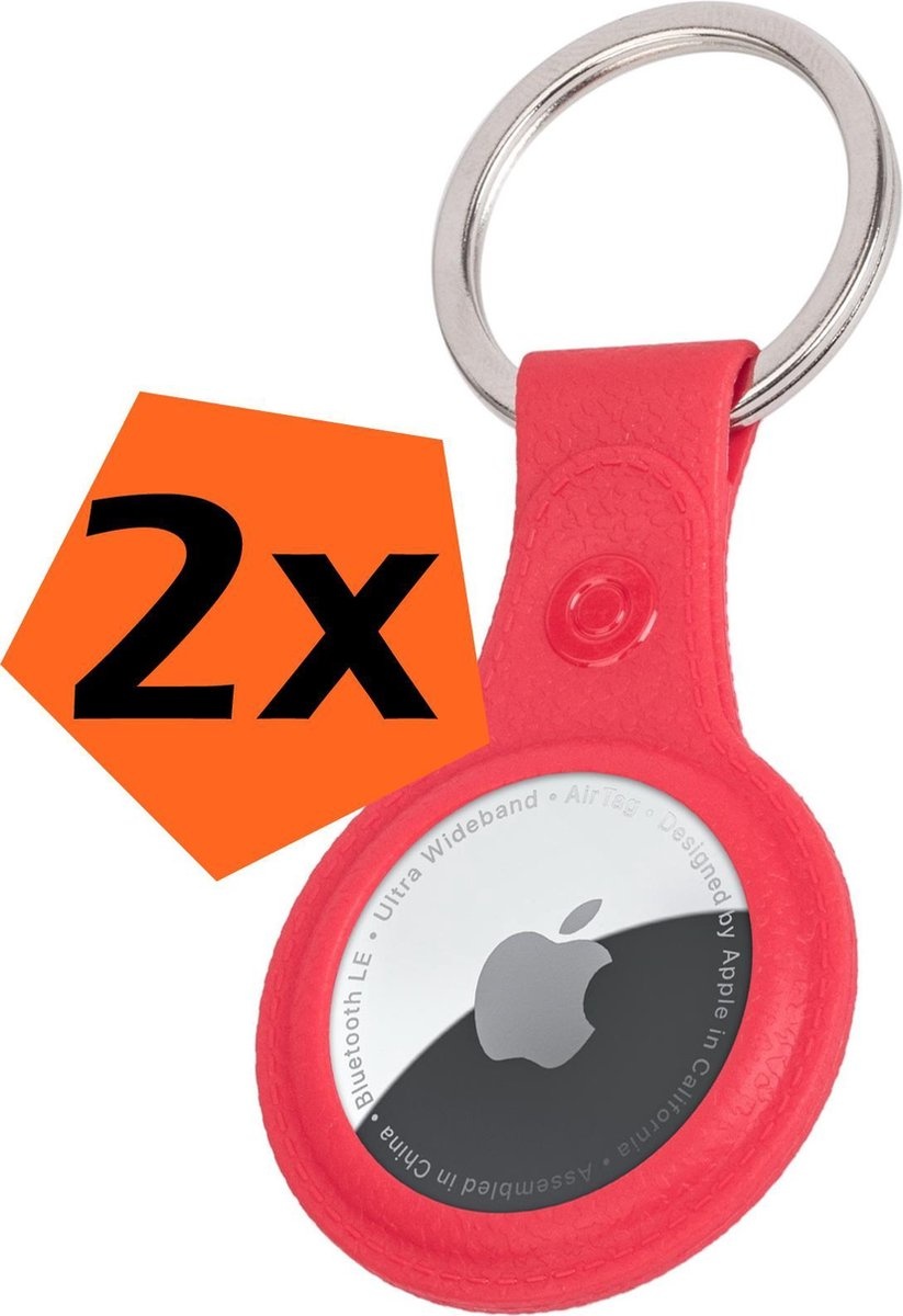 Nomfy Hoesje Geschikt voor Apple AirTag Sleutelhanger Hoes Siliconen - Leder Look Hoesje Geschikt voor Apple AirTag-Sleutelhanger Hoesje Case - Rood - 2 PACK