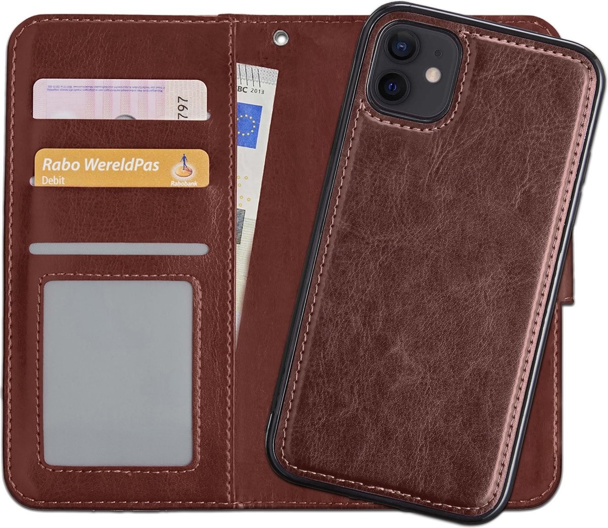 NoXx Hoes Geschikt voor iPhone 12 Hoesje Bookcase Hoes 2-in-1 Uitneembaar Cover Hard Case - Bruin
