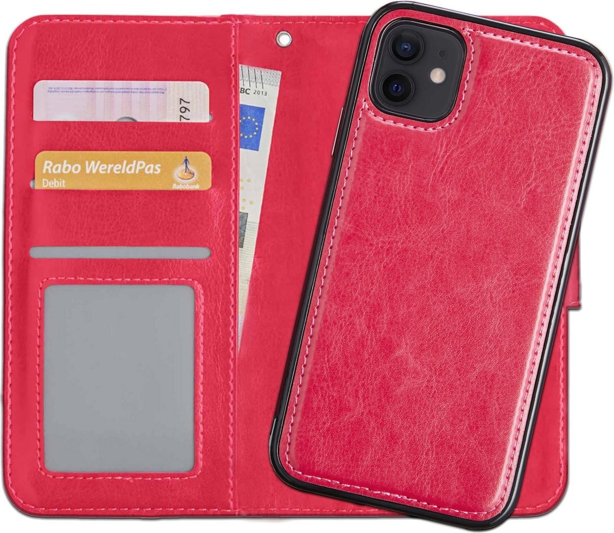 NoXx Hoes Geschikt voor iPhone 12 Hoesje Bookcase Hoes 2-in-1 Uitneembaar Cover Hard Case - Donkerroze