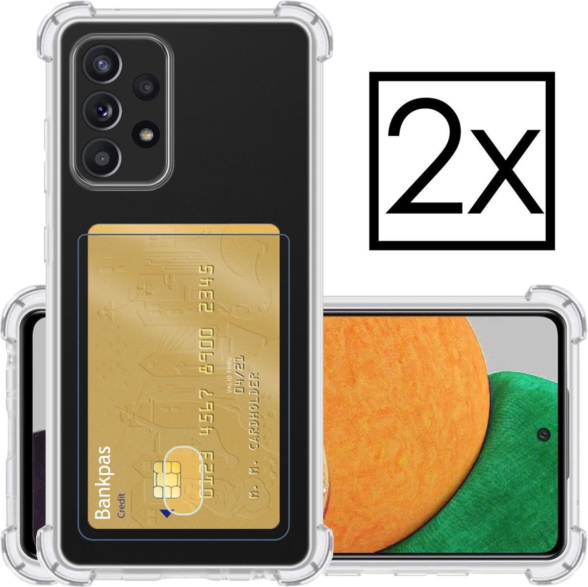NoXx Hoes Geschikt voor Samsung A52s Hoesje Pasjeshouder Cover Shock Proof Case Siliconen Hoes Met Kaarthouder - Transparant - 2x