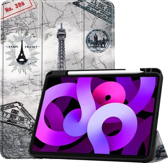 Nomfy Hoes Geschikt voor iPad Air 2020 Hoes Tri-fold Tablet Hoesje Case Met Uitsparing Geschikt voor Apple Pencil - Hoesje Geschikt voor iPad Air 4 2020 Hoesje Hardcover Bookcase - Eiffeltoren