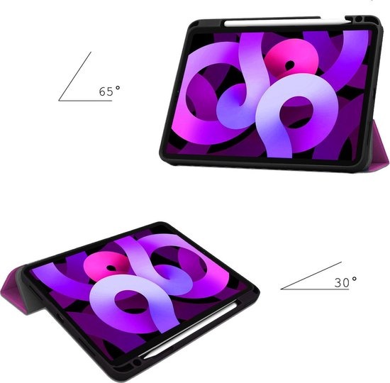 Nomfy Hoes Geschikt voor iPad Air 2020 Hoes Tri-fold Tablet Hoesje Case Met Uitsparing Geschikt voor Apple Pencil - Hoesje Geschikt voor iPad Air 4 2020 Hoesje Hardcover Bookcase - Paars