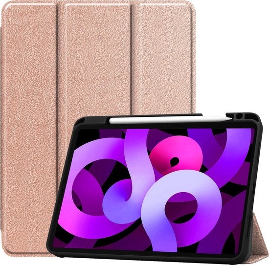 Nomfy Hoes Geschikt voor iPad Air 2020 Hoes Tri-fold Tablet Hoesje Case Met Uitsparing Geschikt voor Apple Pencil - Hoesje Geschikt voor iPad Air 4 2020 Hoesje Hardcover Bookcase - Rosé goud