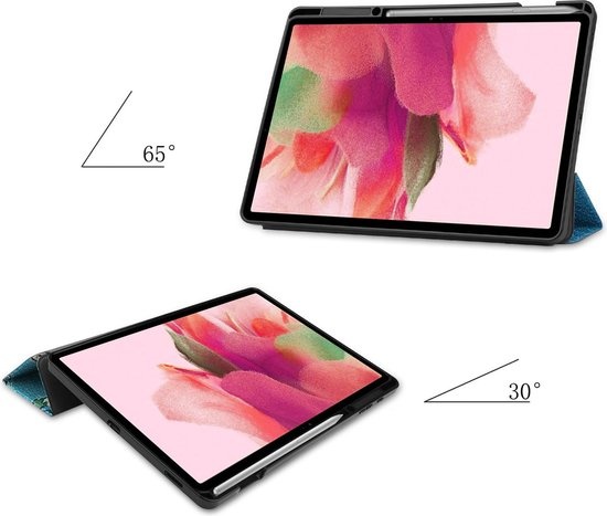 Nomfy Hoes Geschikt voor Samsung Galaxy Tab S7 FE Hoes Tri-fold Tablet Hoesje Case Met Uitsparing Geschikt voor S Pen - Hoesje Geschikt voor Samsung Tab S7 FE Hoesje Hardcover Bookcase - Bloesem