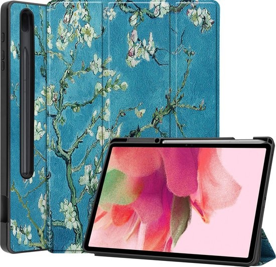 Nomfy Hoes Geschikt voor Samsung Galaxy Tab S7 FE Hoes Tri-fold Tablet Hoesje Case Met Uitsparing Geschikt voor S Pen - Hoesje Geschikt voor Samsung Tab S7 FE Hoesje Hardcover Bookcase - Bloesem