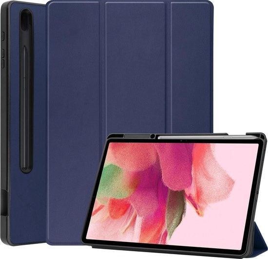 Nomfy Hoes Geschikt voor Samsung Galaxy Tab S7 FE Hoes Tri-fold Tablet Hoesje Case Met Uitsparing Geschikt voor S Pen - Hoesje Geschikt voor Samsung Tab S7 FE Hoesje Hardcover Bookcase - Donkerblauw