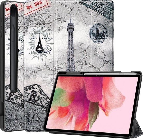Nomfy Hoes Geschikt voor Samsung Galaxy Tab S7 FE Hoes Tri-fold Tablet Hoesje Case Met Uitsparing Geschikt voor S Pen - Hoesje Geschikt voor Samsung Tab S7 FE Hoesje Hardcover Bookcase - Eiffeltoren