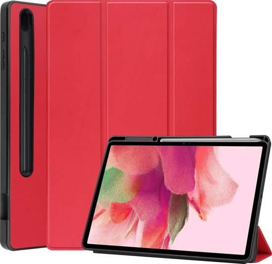 Nomfy Hoes Geschikt voor Samsung Galaxy Tab S7 FE Hoes Tri-fold Tablet Hoesje Case Met Uitsparing Geschikt voor S Pen - Hoesje Geschikt voor Samsung Tab S7 FE Hoesje Hardcover Bookcase - Rood