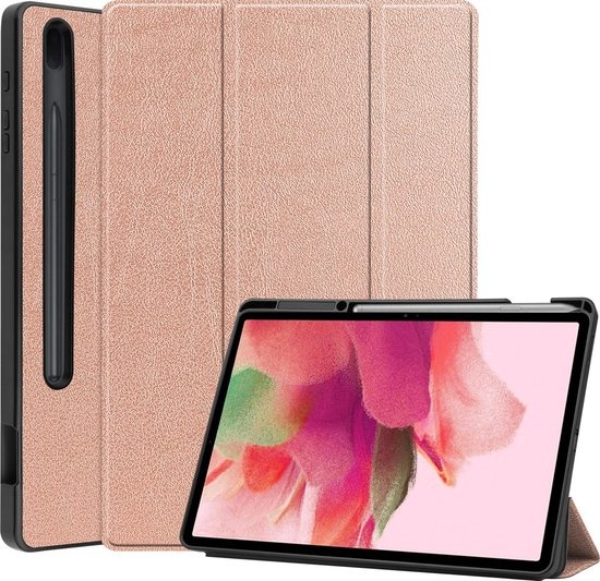 Nomfy Hoes Geschikt voor Samsung Galaxy Tab S7 FE Hoes Tri-fold Tablet Hoesje Case Met Uitsparing Geschikt voor S Pen - Hoesje Geschikt voor Samsung Tab S7 FE Hoesje Hardcover Bookcase - Rosé goud