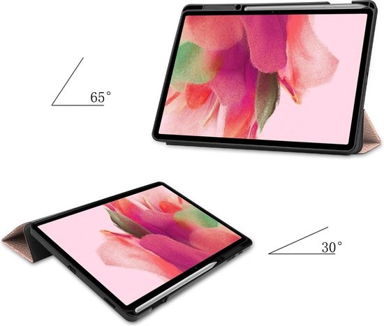 Nomfy Hoes Geschikt voor Samsung Galaxy Tab S7 FE Hoes Tri-fold Tablet Hoesje Case Met Uitsparing Geschikt voor S Pen - Hoesje Geschikt voor Samsung Tab S7 FE Hoesje Hardcover Bookcase - Rosé goud