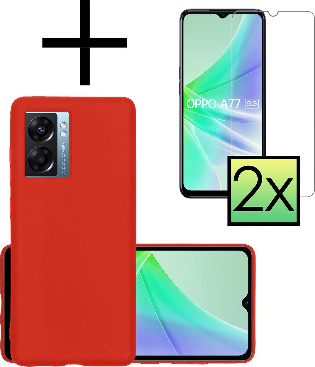 NoXx Hoes Geschikt voor OPPO A77 Hoesje Cover Siliconen Back Case Hoes Met 2x Screenprotector - Rood