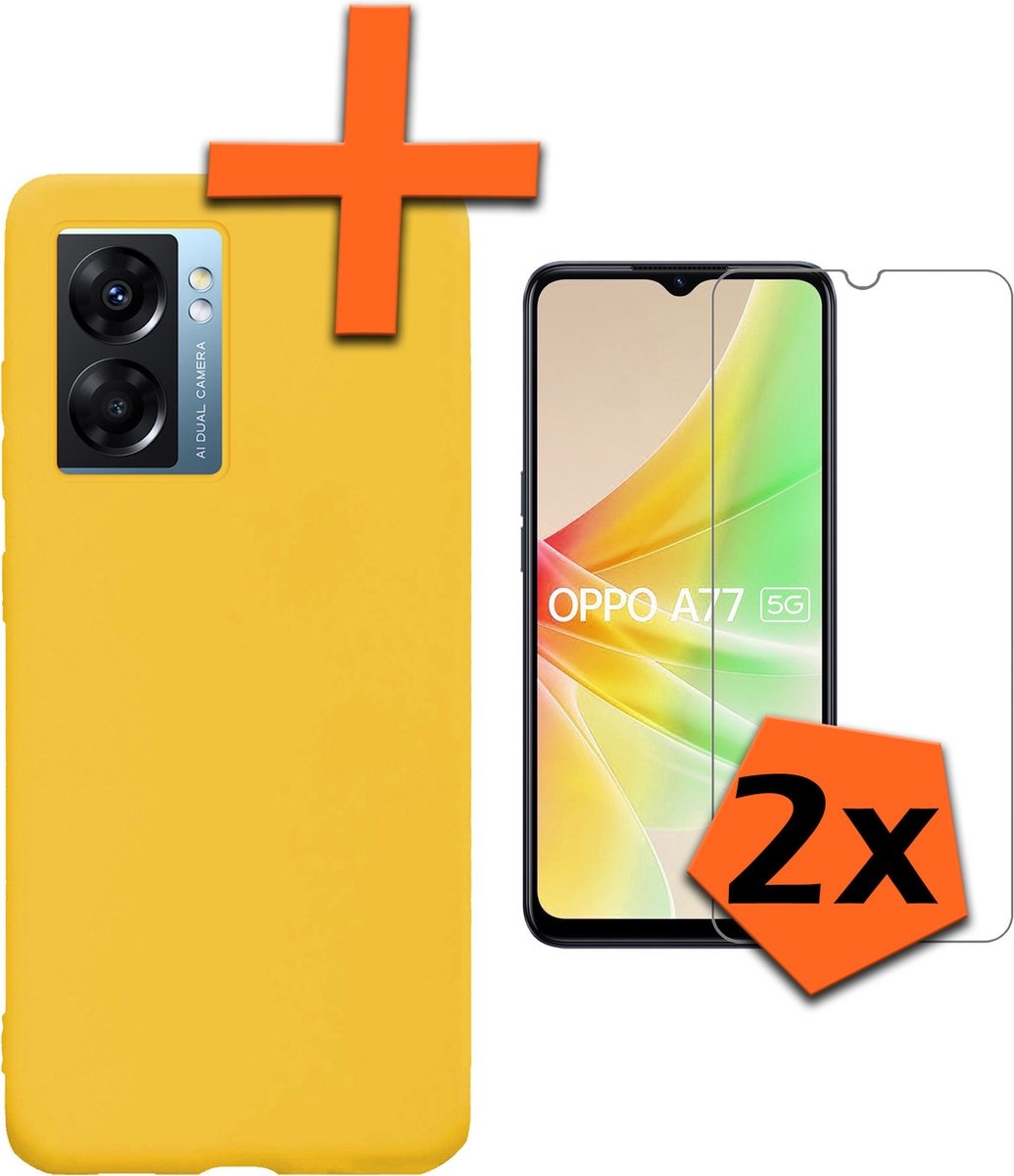 Nomfy Hoesje Geschikt voor OPPO A77 Hoesje Siliconen Cover Case Met 2x Screenprotector - Hoes Geschikt voor OPPO A77 Hoes Back Case - Geel