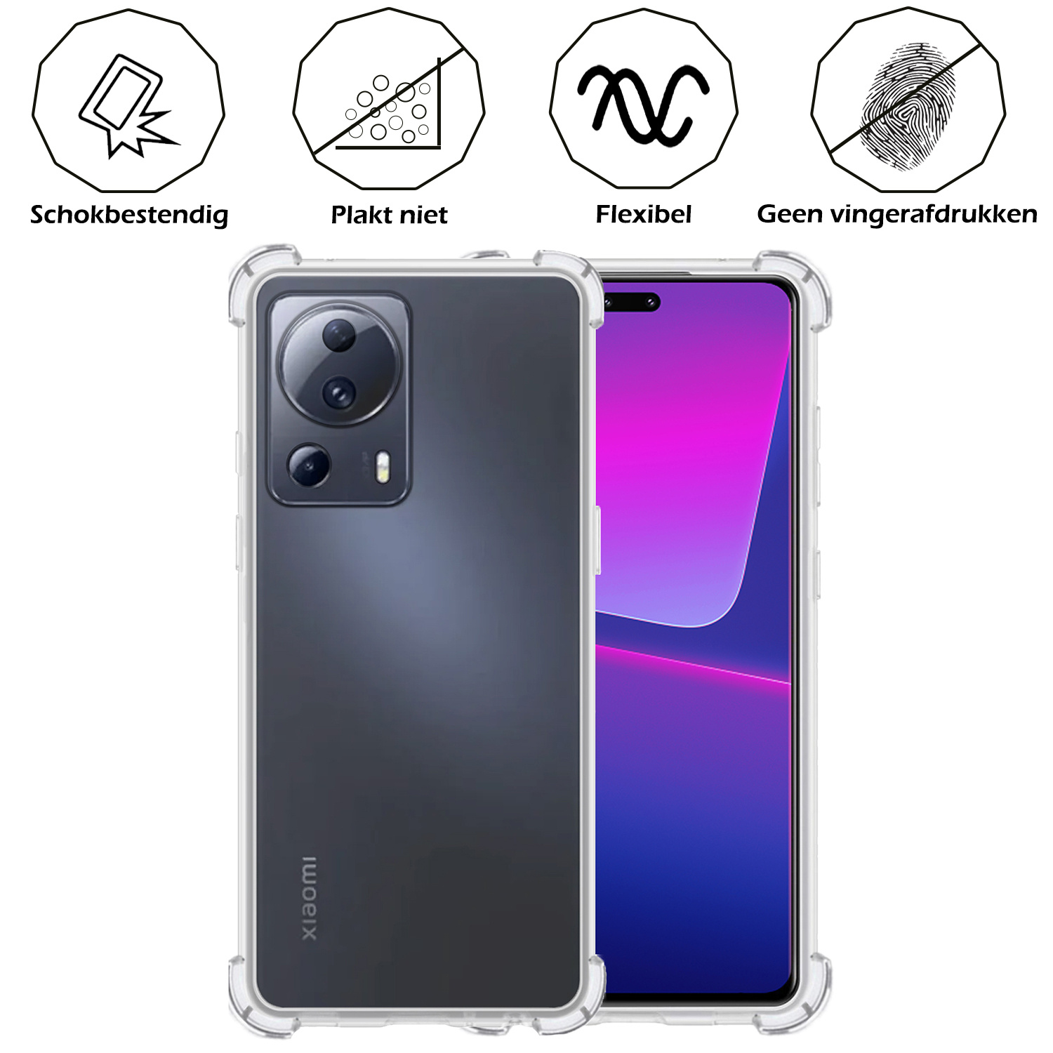 Nomfy Hoesje Geschikt voor Xiaomi 13 Lite Hoesje Shock Proof Cover Case Shockproof Met 2x Screenprotector - Hoes Geschikt voor Xiaomi 13 Lite Hoes Siliconen Back Case - Transparant