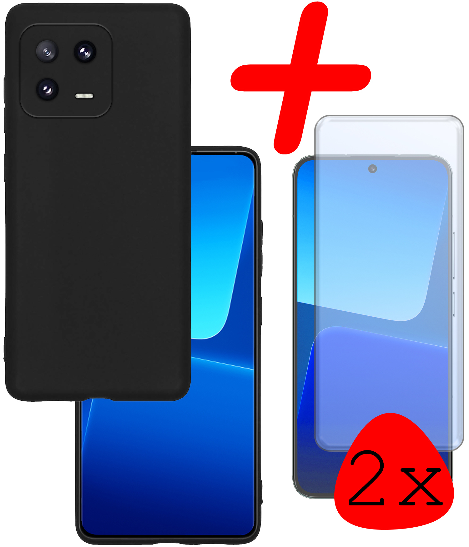 BASEY. Hoes Geschikt voor Xiaomi 13 Hoesje Siliconen Back Cover Case Met 2x Screenprotector - Hoesje Geschikt voor Xiaomi 13 Hoes Cover Hoesje - Zwart