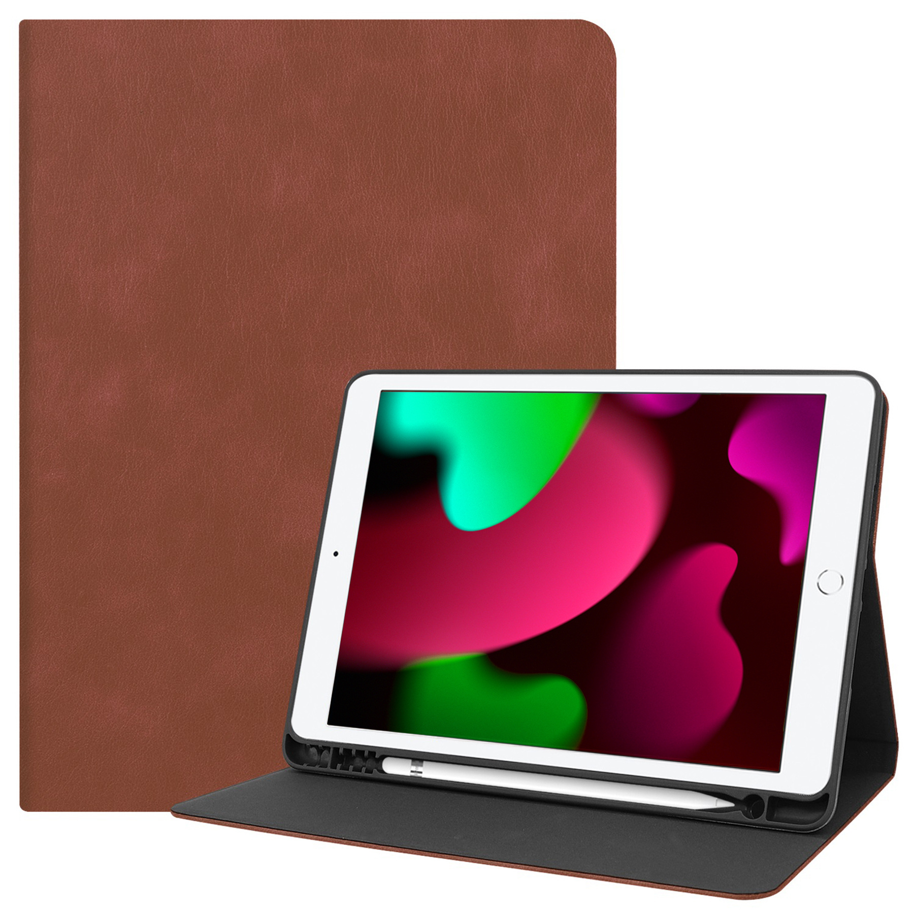 Nomfy Hoes Geschikt voor iPad 10.2 2021 Hoesje Book Case Luxe Cover Hoes Met Uitsparing Geschikt voor Apple Pencil Met Screenprotector - Hoesje Geschikt voor iPad 9 Hoes - Bruin