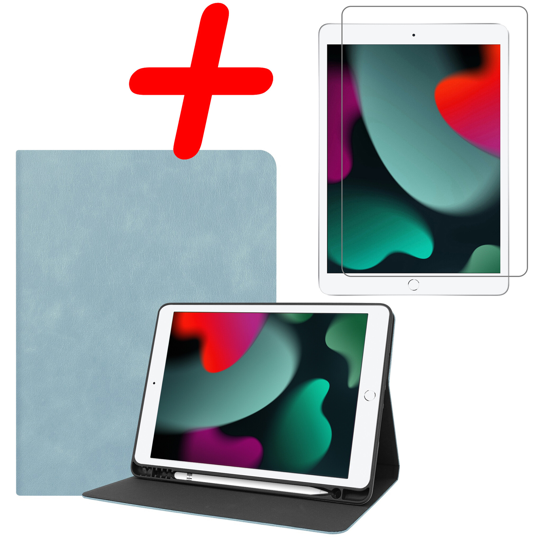 BASEY. Hoesje Geschikt voor iPad 10.2 2021 Hoes Case Luxe Hoesje Hard Cover Met Screenprotector - Hoes Geschikt voor iPad 9 Hoesje Bookcase Met Uitsparing Geschikt voor Apple Pencil - Lichtblauw