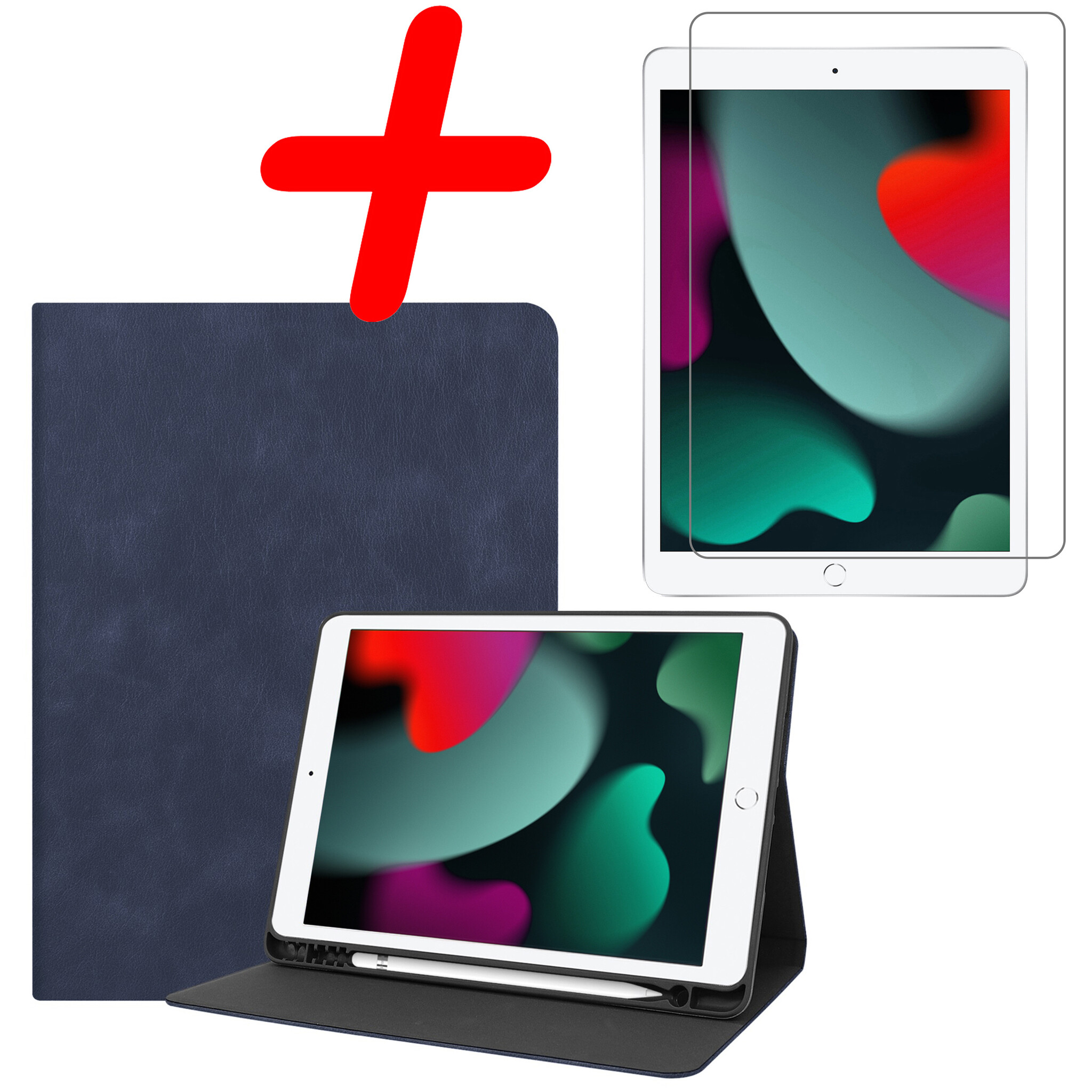 BASEY. Hoesje Geschikt voor iPad 10.2 2021 Hoes Case Luxe Hoesje Hard Cover Met Screenprotector - Hoes Geschikt voor iPad 9 Hoesje Bookcase Met Uitsparing Geschikt voor Apple Pencil - Donkerblauw