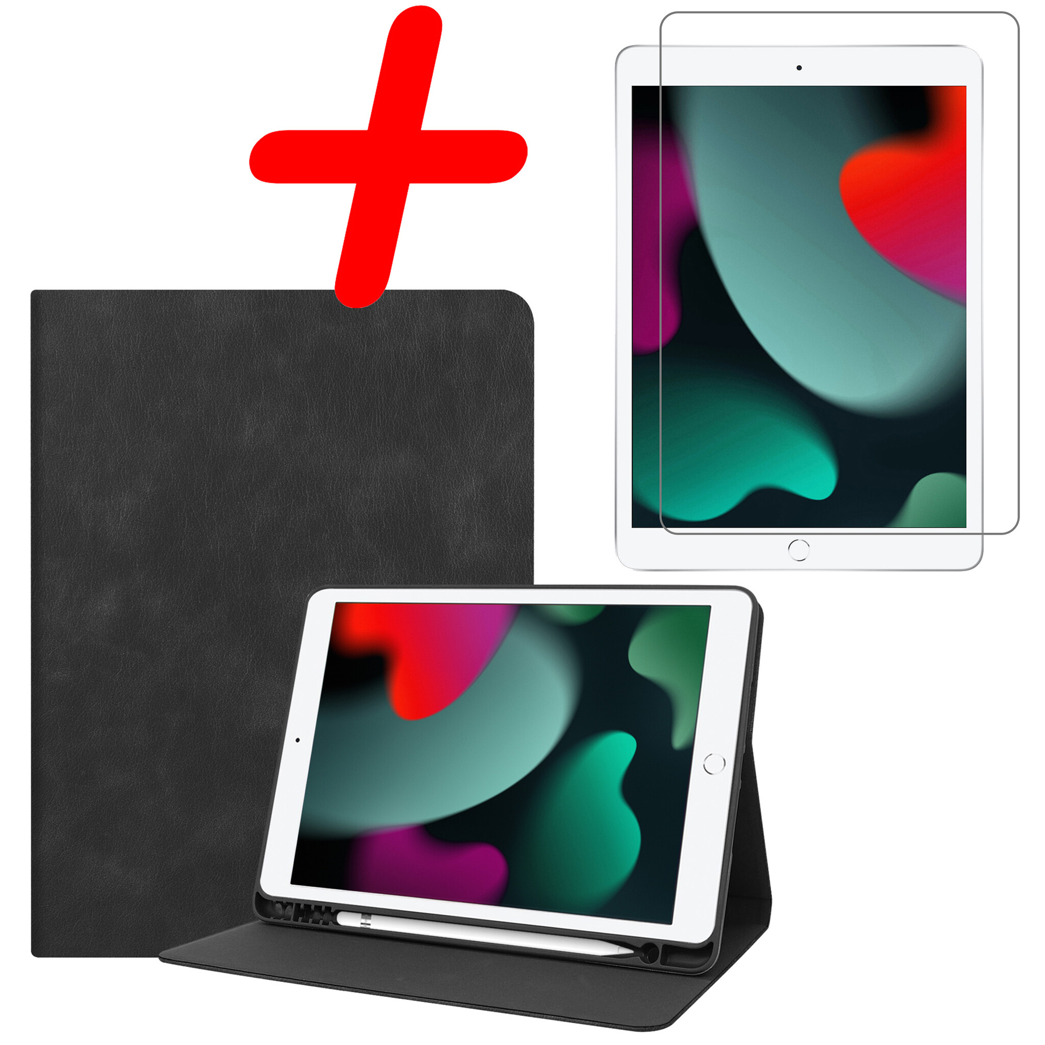 BASEY. Hoesje Geschikt voor iPad 10.2 2020 Hoes Case Luxe Hoesje Hard Cover Met Screenprotector - Hoes Geschikt voor iPad 8 Hoesje Bookcase Met Uitsparing Geschikt voor Apple Pencil - Zwart