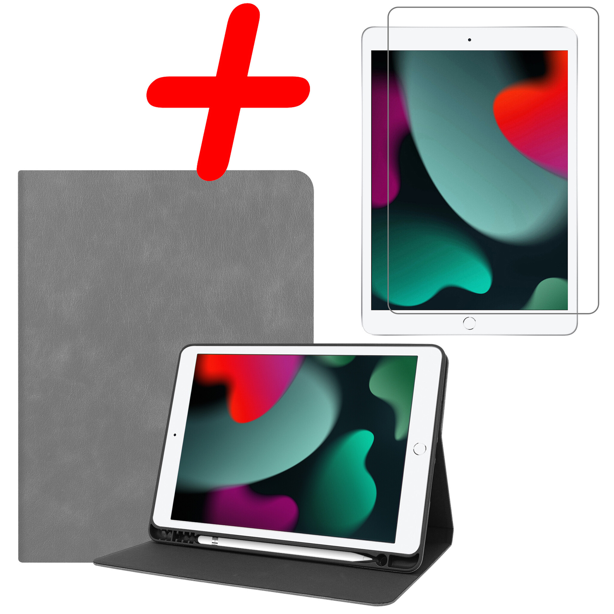 BASEY. Hoesje Geschikt voor iPad 10.2 2020 Hoes Case Luxe Hoesje Hard Cover Met Screenprotector - Hoes Geschikt voor iPad 8 Hoesje Bookcase Met Uitsparing Geschikt voor Apple Pencil - Grijs