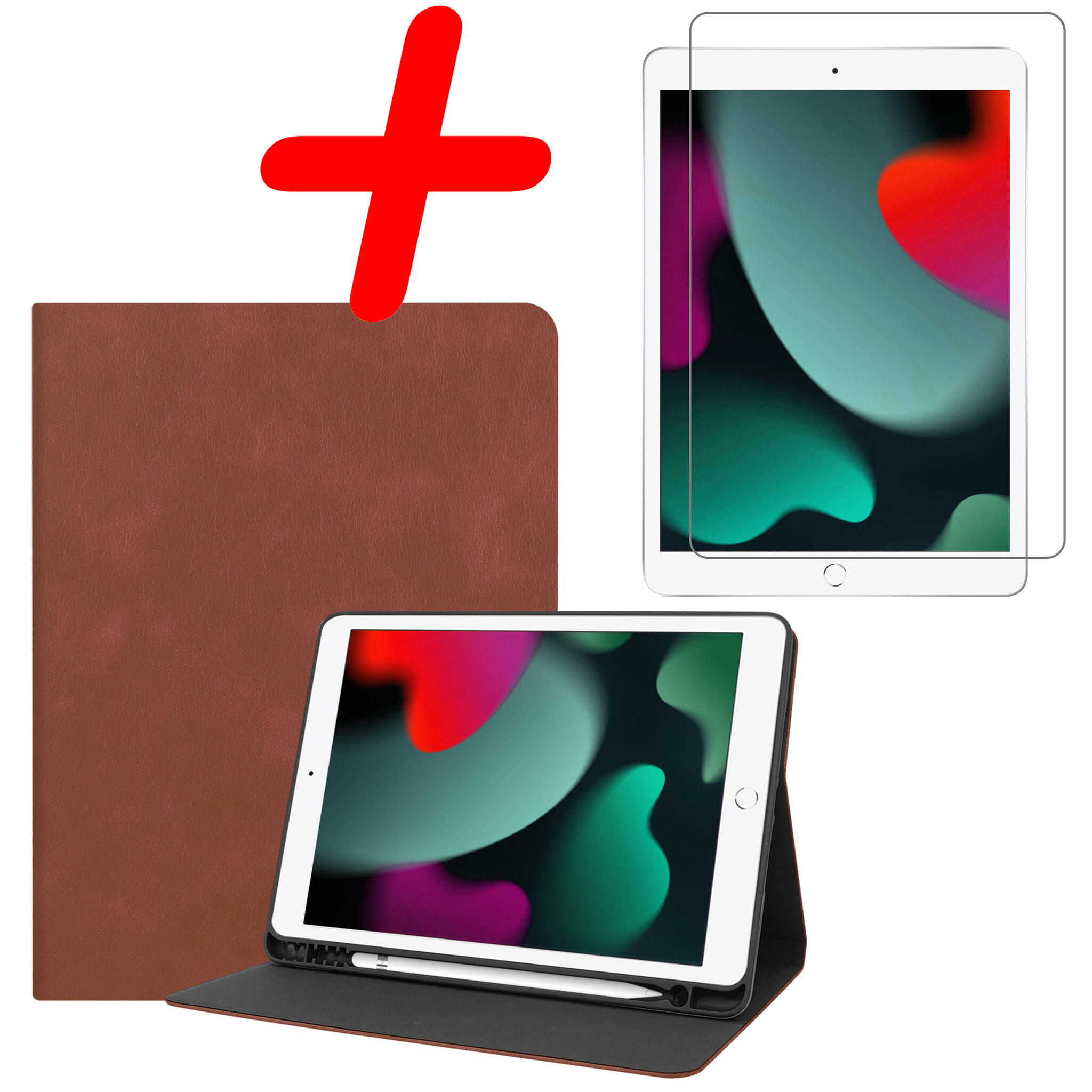BASEY. Hoesje Geschikt voor iPad 10.2 2020 Hoes Case Luxe Hoesje Hard Cover Met Screenprotector - Hoes Geschikt voor iPad 8 Hoesje Bookcase Met Uitsparing Geschikt voor Apple Pencil - Bruin