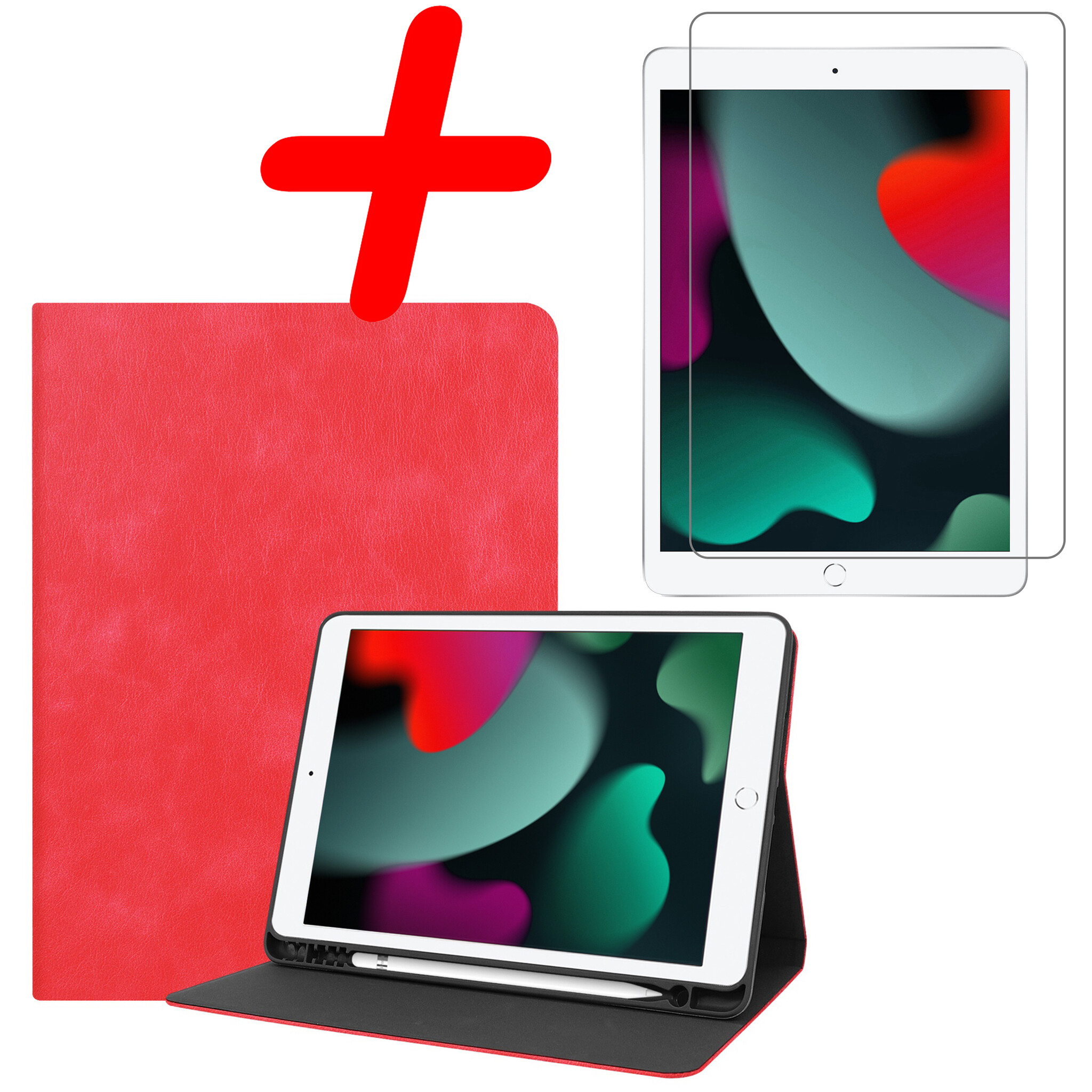 BASEY. Hoesje Geschikt voor iPad 10.2 2019 Hoes Case Luxe Hoesje Hard Cover Met Screenprotector - Hoes Geschikt voor iPad 7 Hoesje Bookcase Met Uitsparing Geschikt voor Apple Pencil - Rood