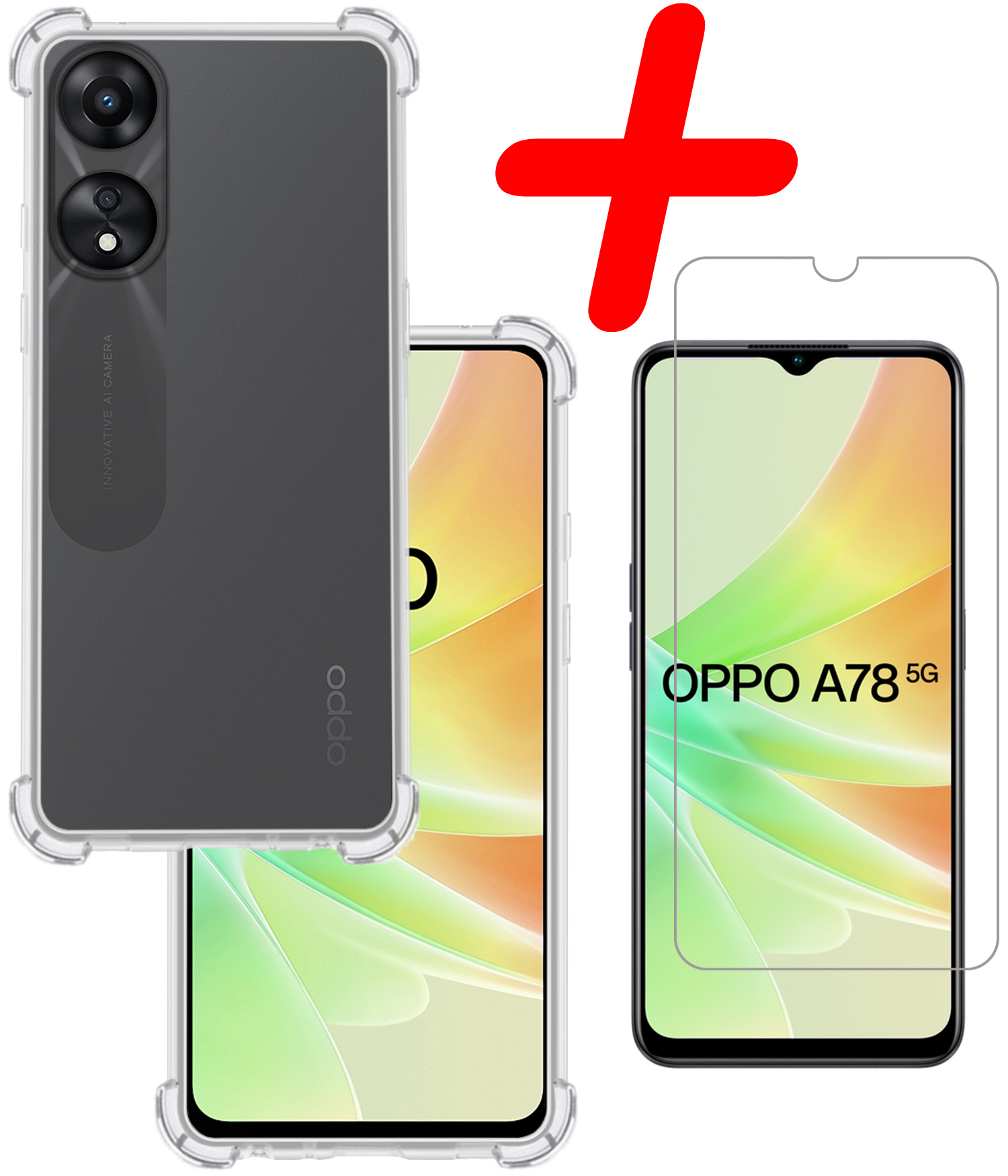 BASEY. Hoes Geschikt voor OPPO A78 5G Hoesje Shock Proof Case Hoes Siliconen Met Screenprotector - Hoesje Geschikt voor OPPO A78 Hoes Cover Shockproof - Transparant
