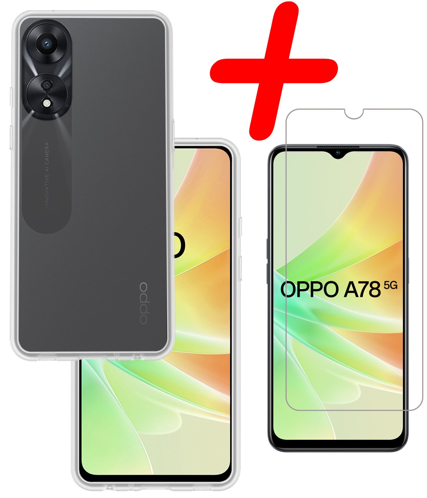 BASEY. Hoes Geschikt voor OPPO A78 5G Hoesje Siliconen Back Cover Case Met Screenprotector - Hoesje Geschikt voor OPPO A78 Hoes Cover Hoesje - Transparant