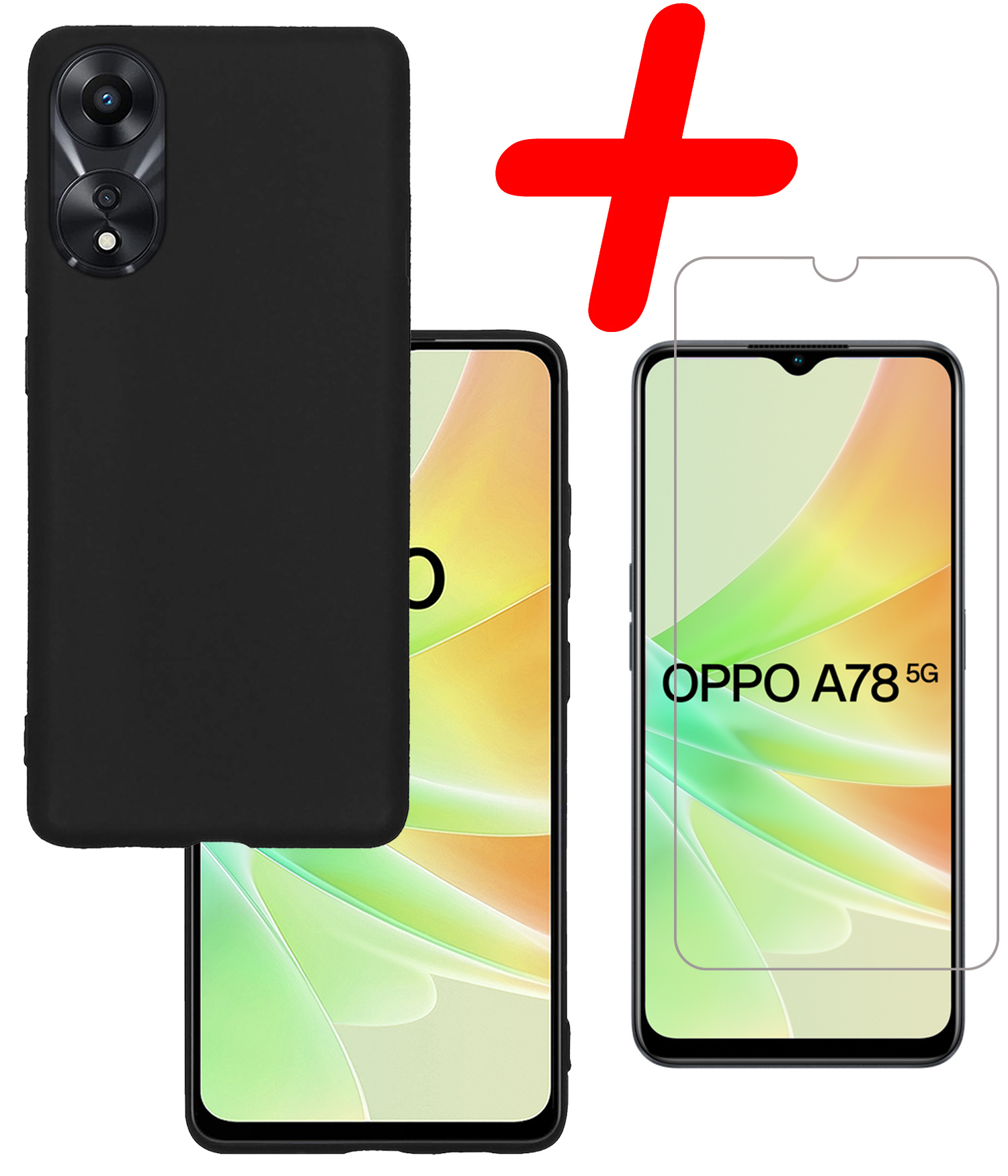 BASEY. Hoes Geschikt voor OPPO A78 5G Hoesje Siliconen Back Cover Case Met Screenprotector - Hoesje Geschikt voor OPPO A78 Hoes Cover Hoesje - Zwart