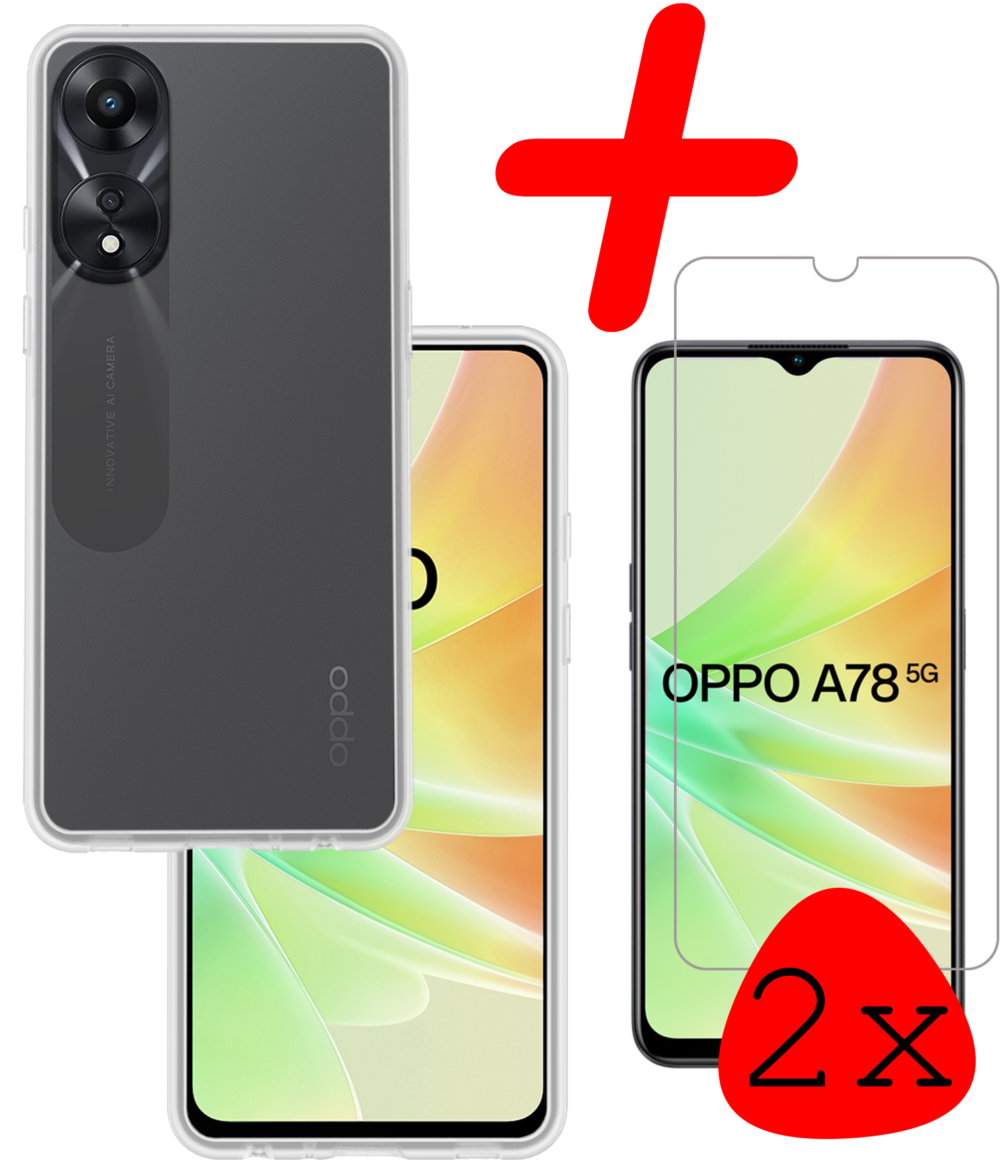 BASEY. Hoes Geschikt voor OPPO A78 5G Hoesje Siliconen Back Cover Case Met 2x Screenprotector - Hoesje Geschikt voor OPPO A78 Hoes Cover Hoesje - Transparant