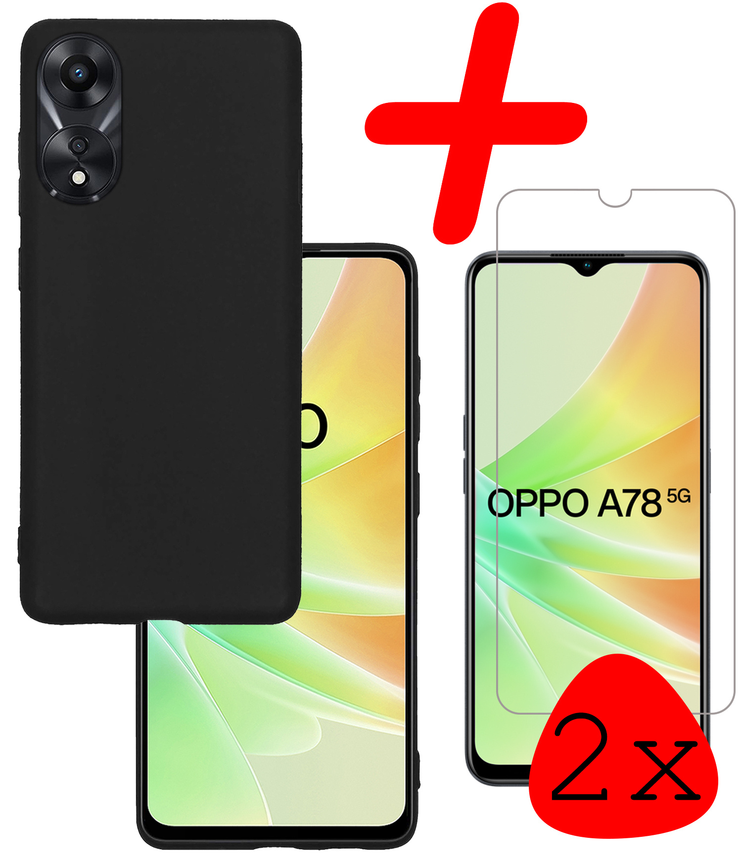 BASEY. Hoes Geschikt voor OPPO A78 5G Hoesje Siliconen Back Cover Case Met 2x Screenprotector - Hoesje Geschikt voor OPPO A78 Hoes Cover Hoesje - Zwart