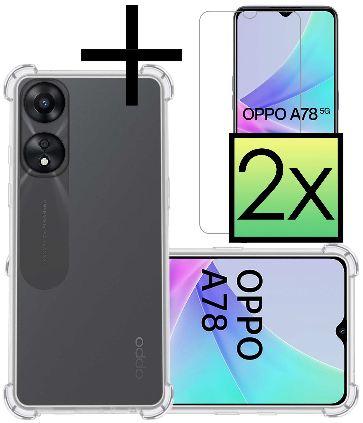 NoXx Hoes Geschikt voor OPPO A78 5G Hoesje Siliconen Cover Shock Proof Back Case Shockproof Hoes Met 2x Screenprotector - Transparant