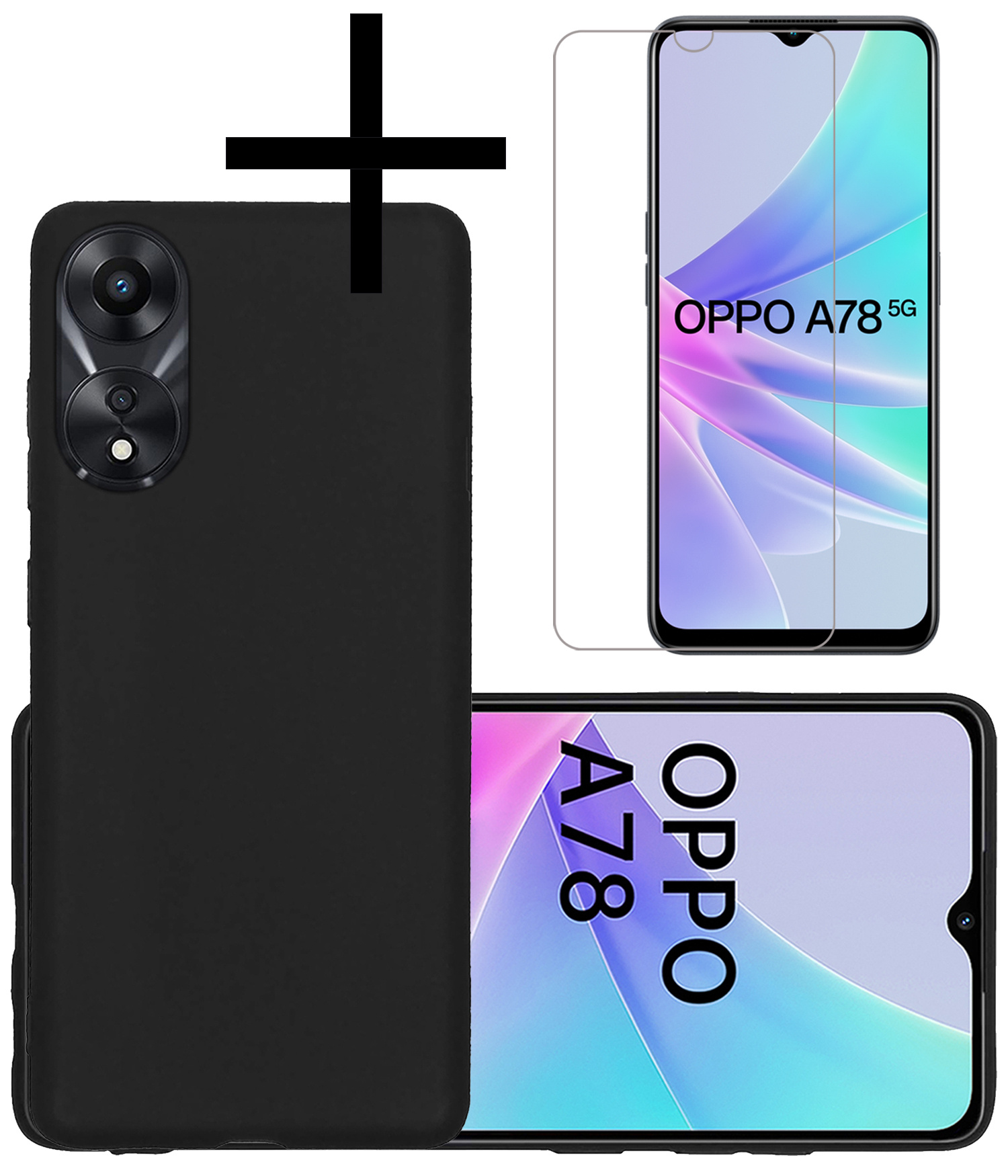 NoXx Hoes Geschikt voor OPPO A78 5G Hoesje Cover Siliconen Back Case Hoes Met Screenprotector - Zwart