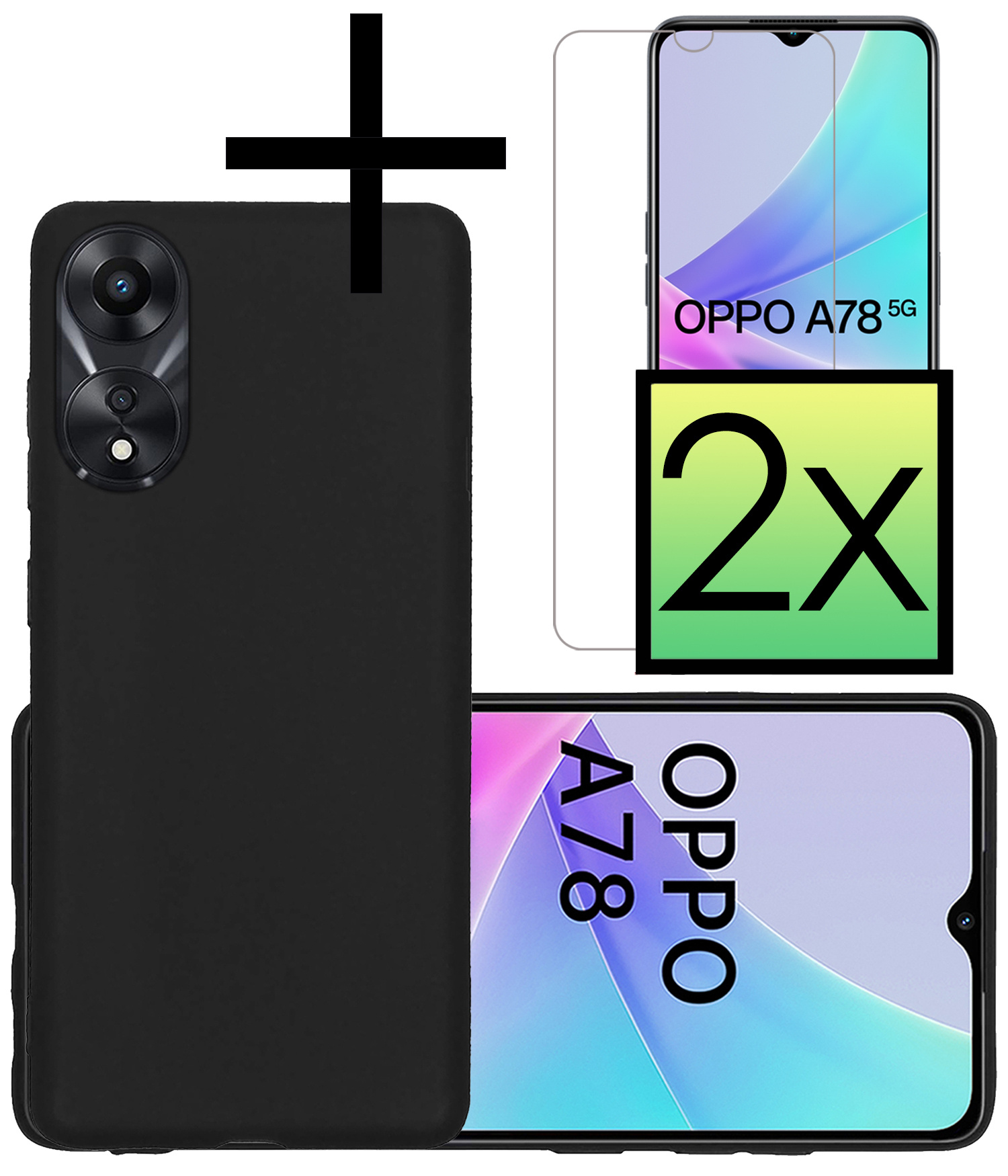 NoXx Hoes Geschikt voor OPPO A78 5G Hoesje Cover Siliconen Back Case Hoes Met 2x Screenprotector - Zwart
