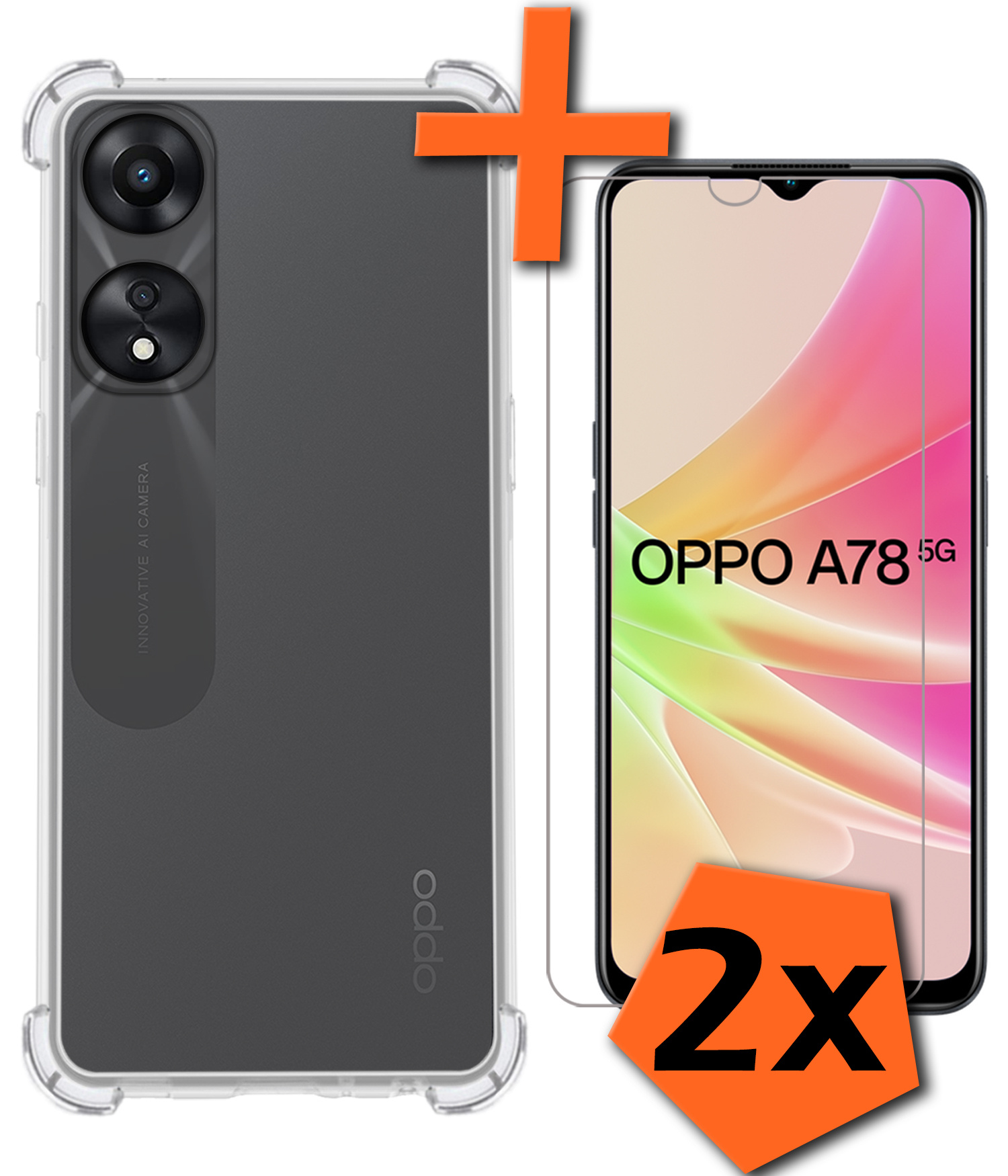 Nomfy Hoesje Geschikt voor OPPO A78 5G Hoesje Shock Proof Cover Case Shockproof Met 2x Screenprotector - Hoes Geschikt voor OPPO A78 Hoes Siliconen Back Case - Transparant
