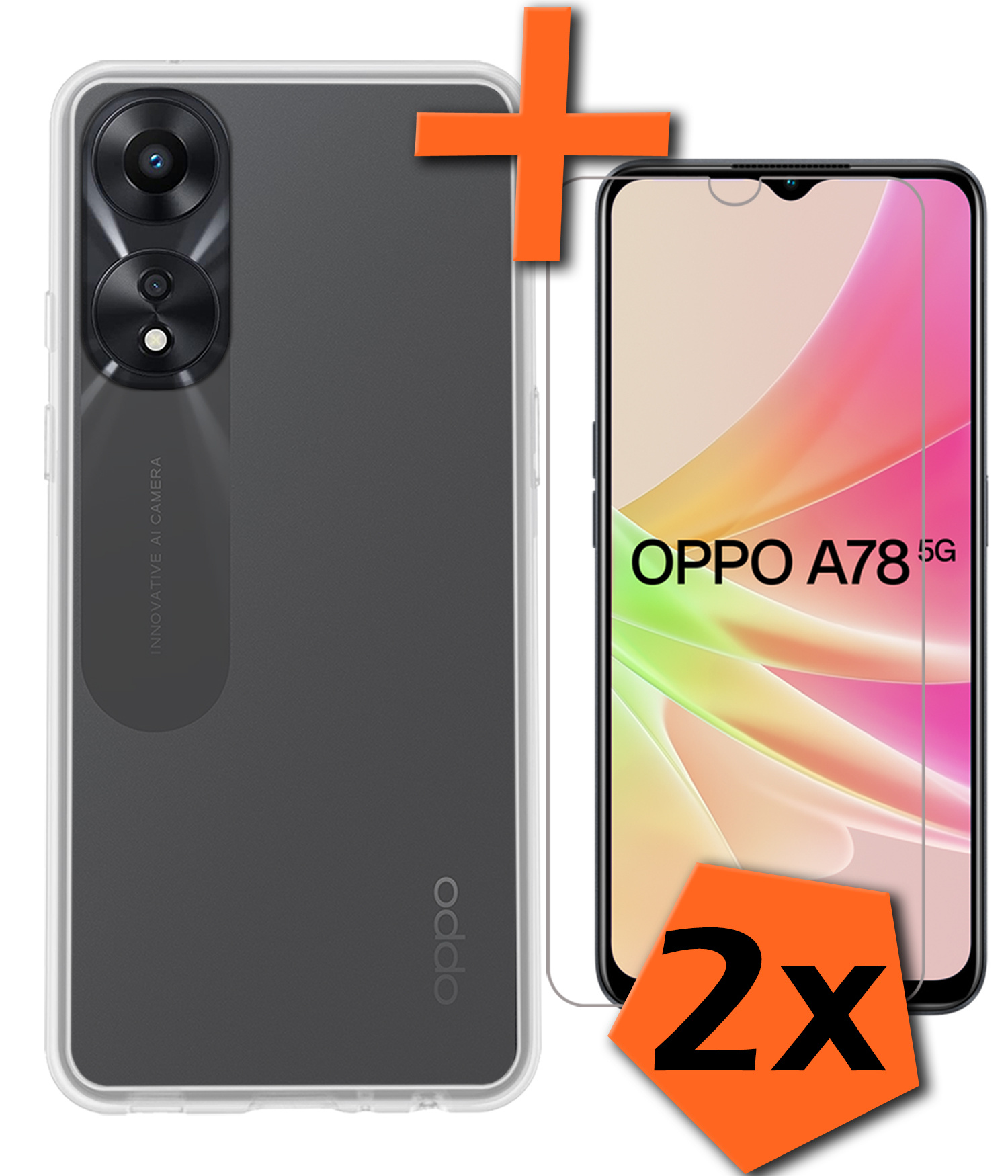 Nomfy Hoesje Geschikt voor OPPO A78 5G Hoesje Siliconen Cover Case Met 2x Screenprotector - Hoes Geschikt voor OPPO A78 Hoes Back Case - Transparant