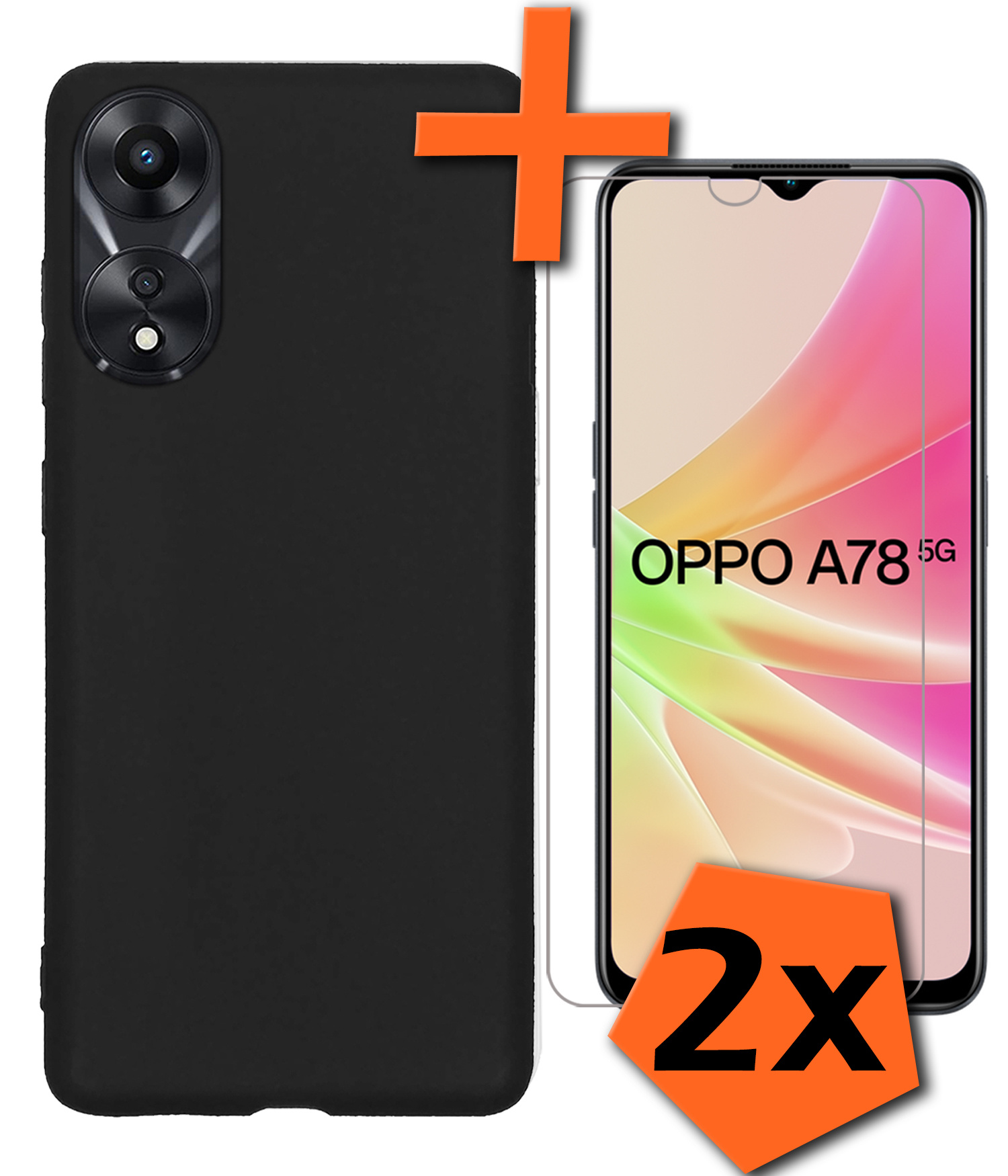 Nomfy Hoesje Geschikt voor OPPO A78 5G Hoesje Siliconen Cover Case Met 2x Screenprotector - Hoes Geschikt voor OPPO A78 Hoes Back Case - Zwart