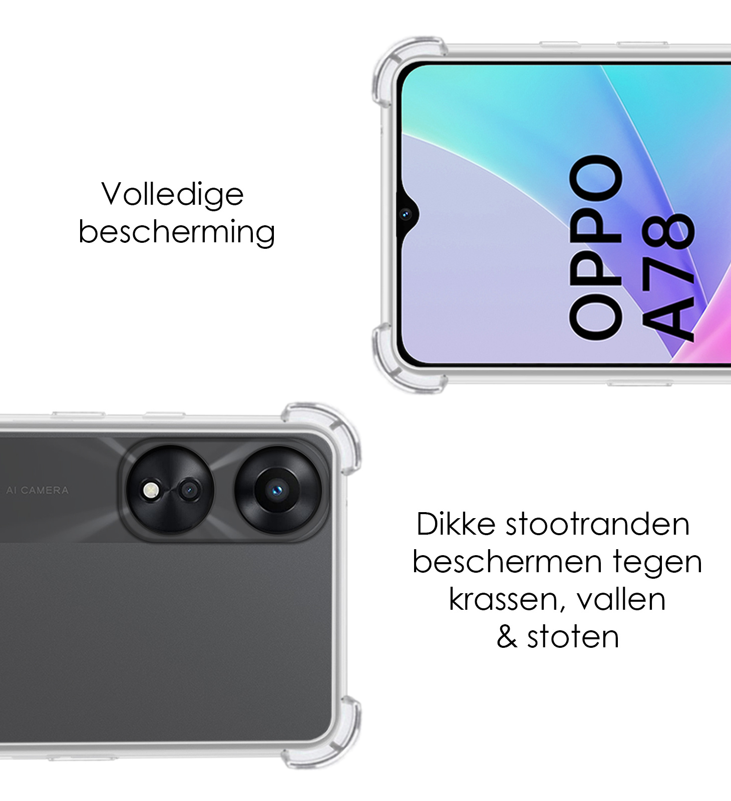 NoXx Hoes Geschikt voor OPPO A78 5G Hoesje Siliconen Cover Shock Proof Back Case Shockproof Hoes Met 2x Screenprotector - Transparant