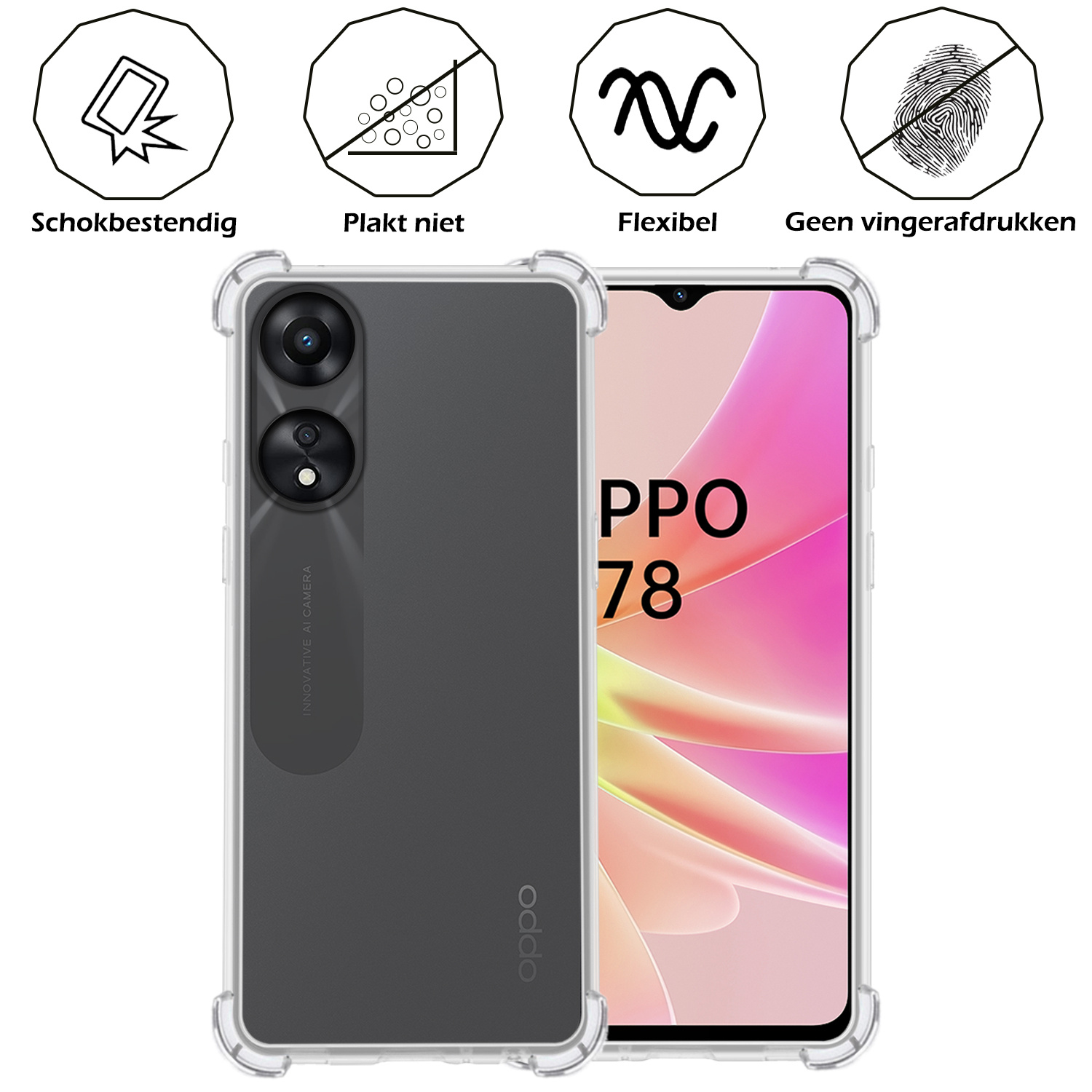 Nomfy Hoesje Geschikt voor OPPO A78 5G Hoesje Shock Proof Cover Case Shockproof Met 2x Screenprotector - Hoes Geschikt voor OPPO A78 Hoes Siliconen Back Case - Transparant