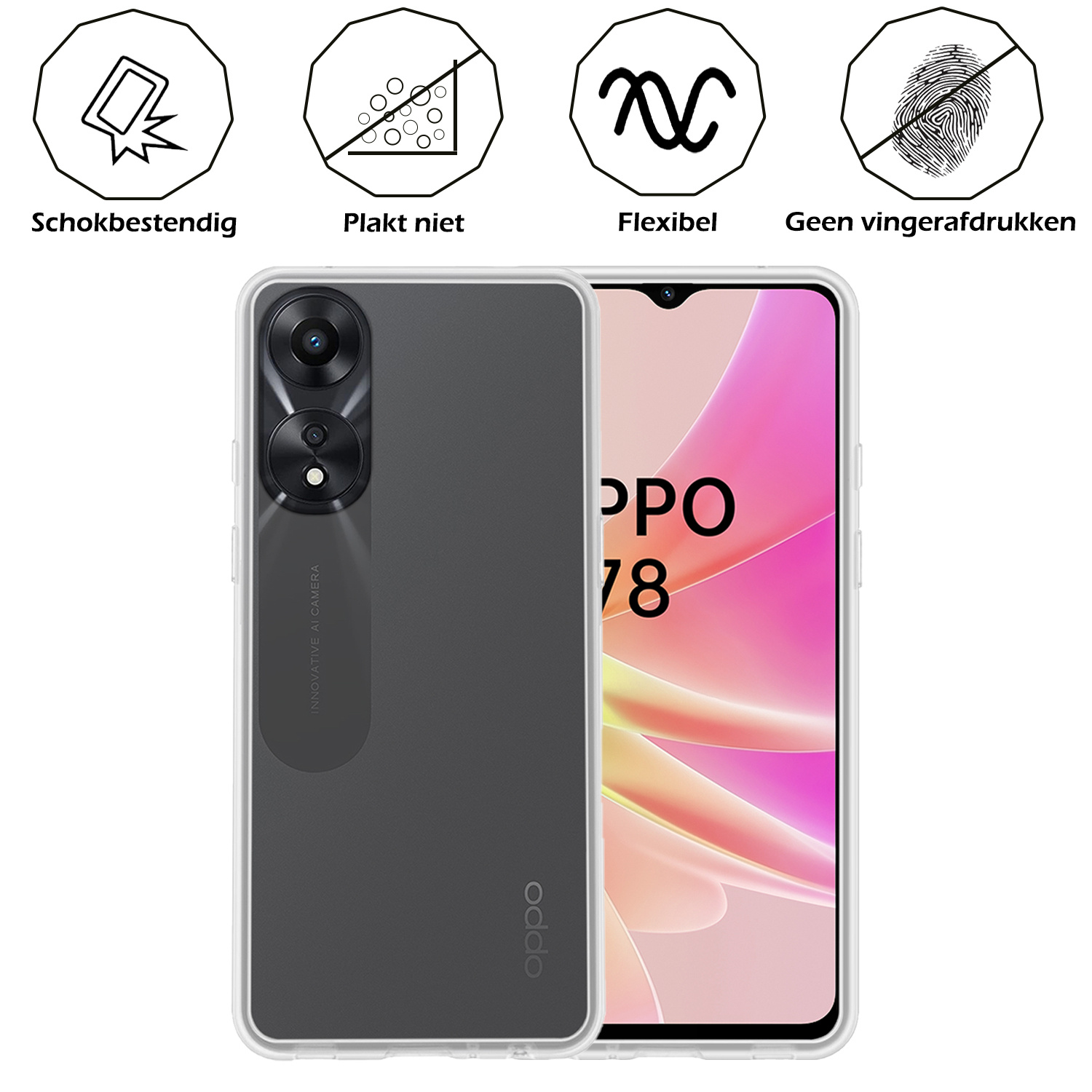 Nomfy Hoesje Geschikt voor OPPO A78 5G Hoesje Siliconen Cover Case Met 2x Screenprotector - Hoes Geschikt voor OPPO A78 Hoes Back Case - Transparant