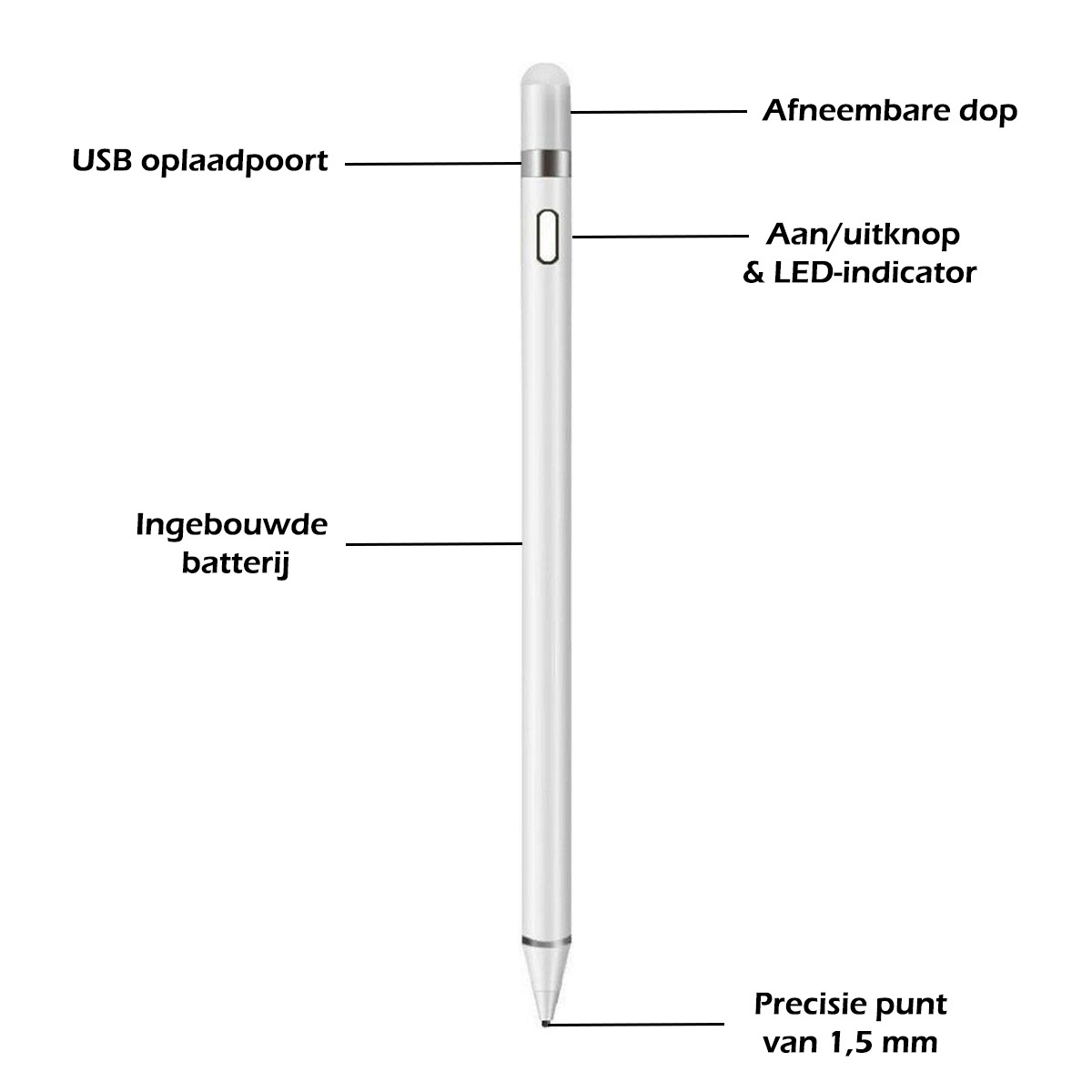 Nomfy Universele Active Stylus Pen Oplaadbaar Geschikt Voor Tablets en Smartphones - Wit