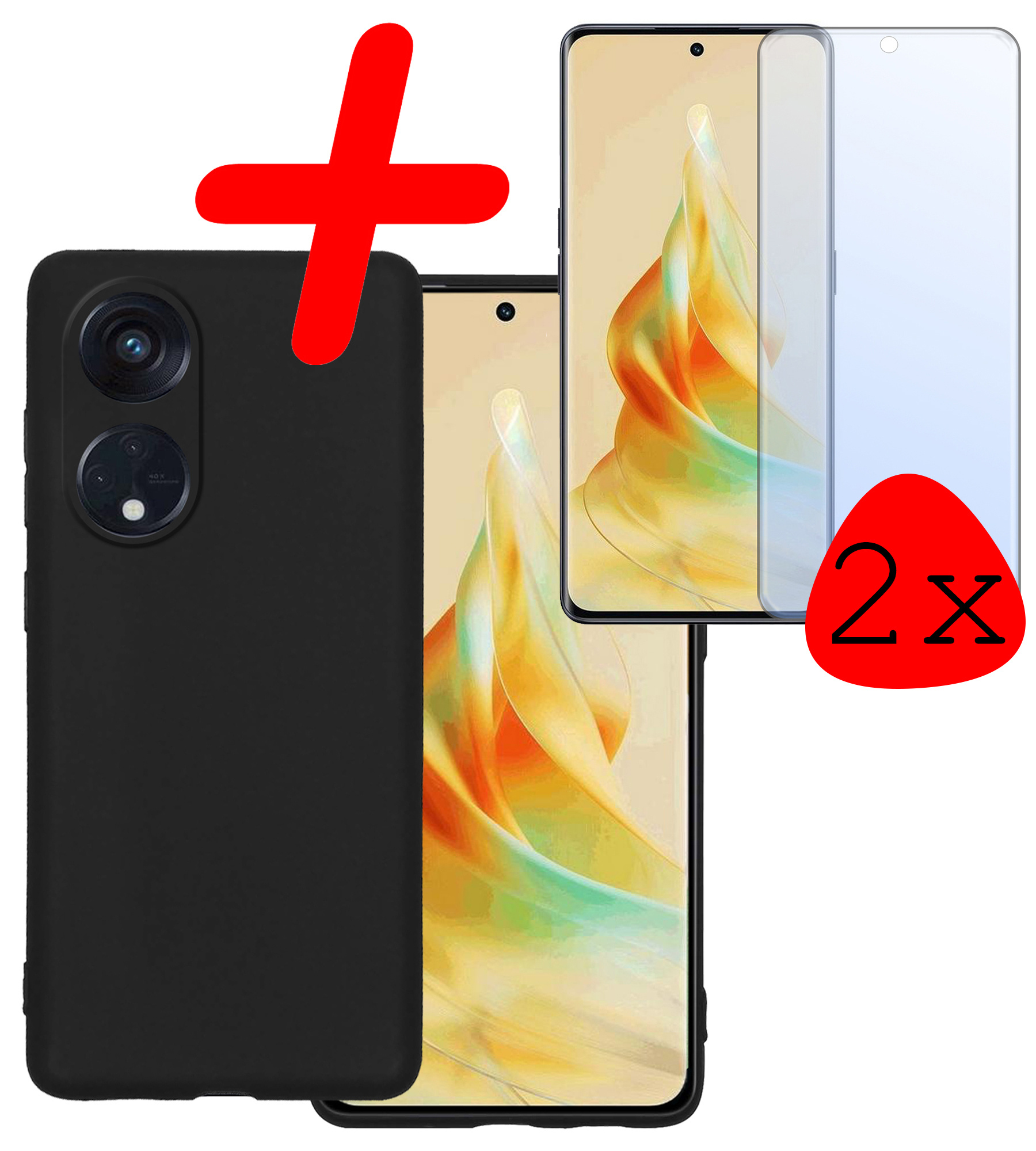 BASEY. Hoes Geschikt voor OPPO Reno 8T 4G Hoesje Siliconen Back Cover Case Met 2x Screenprotector - Hoesje Geschikt voor OPPO Reno 8T 4G Hoes Cover Hoesje - Zwart