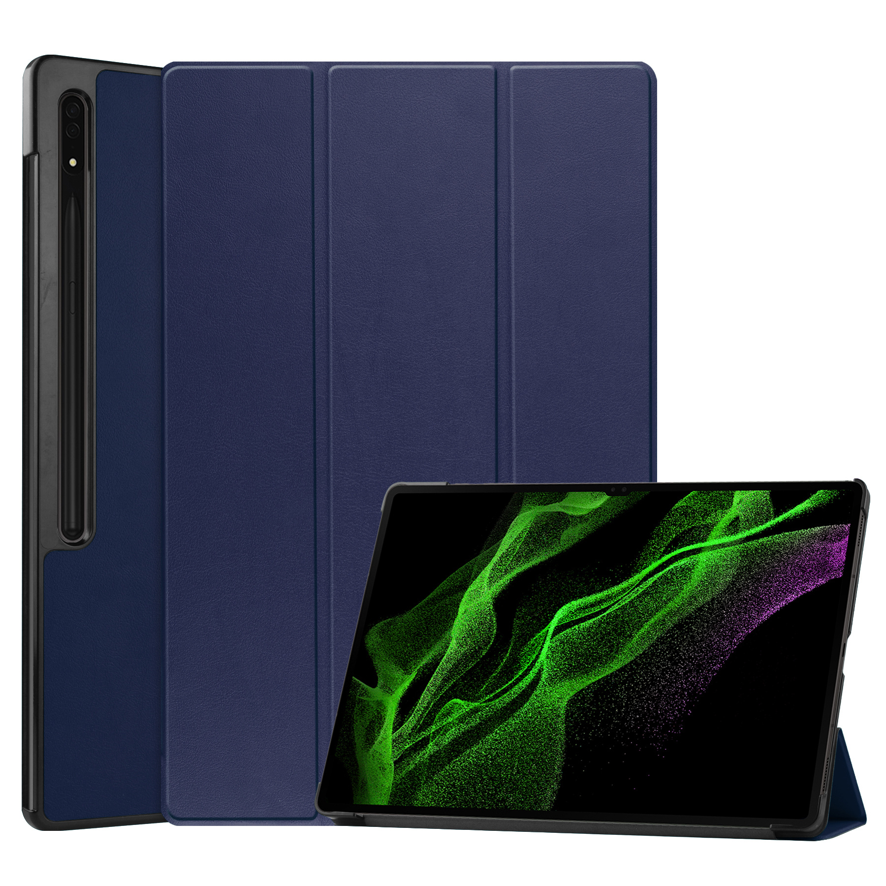 BASEY. Hoesje Geschikt voor Samsung Galaxy Tab S9 Ultra Hoes Case Tablet Hoesje Tri-fold Met Uitsparing Geschikt voor S Pen - Hoes Geschikt voor Samsung Tab S9 Ultra Hoesje Hard Cover Bookcase Hoes - Donkerblauw