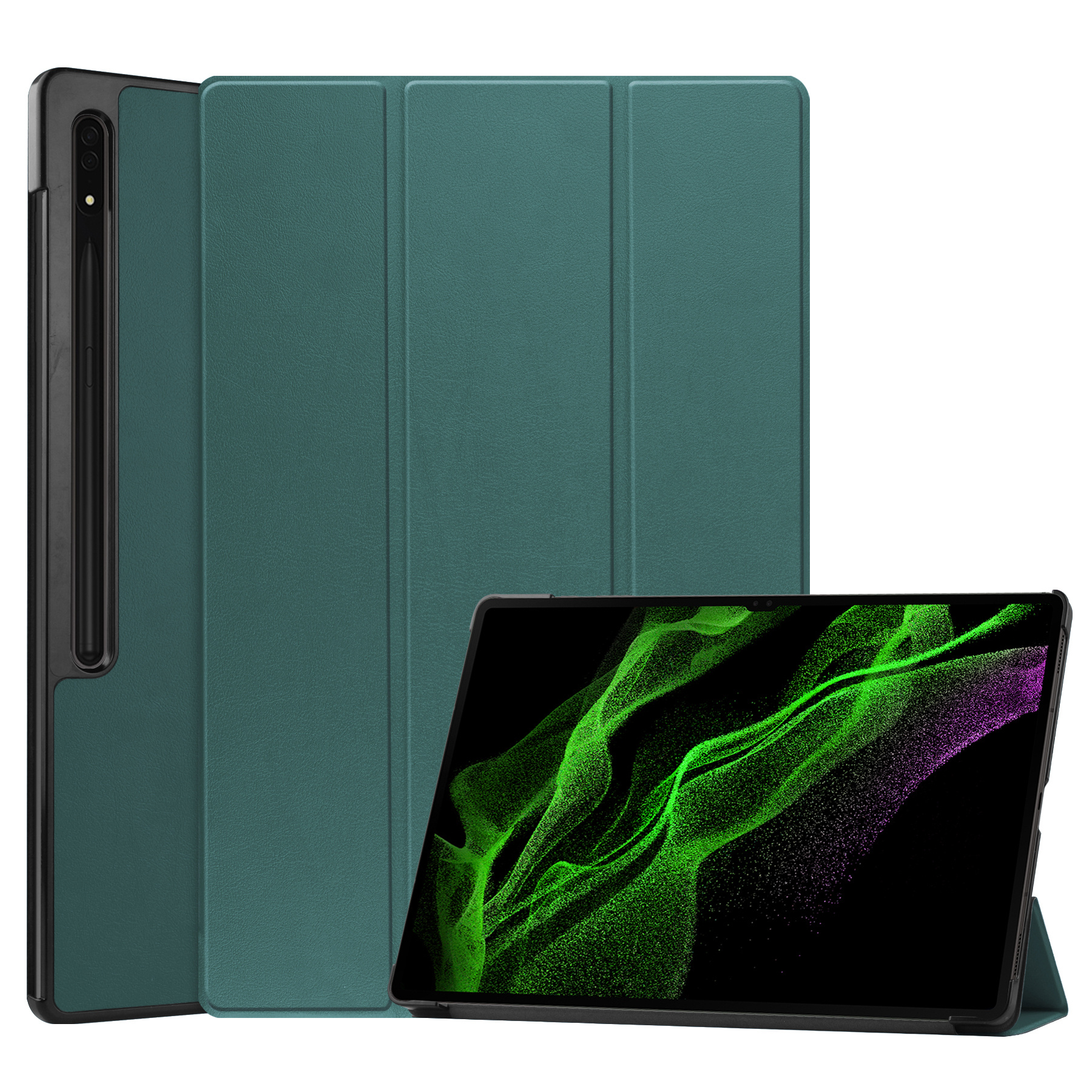 BASEY. Hoesje Geschikt voor Samsung Galaxy Tab S9 Ultra Hoes Case Tablet Hoesje Tri-fold Met Uitsparing Geschikt voor S Pen - Hoes Geschikt voor Samsung Tab S9 Ultra Hoesje Hard Cover Bookcase Hoes - Donkergroen