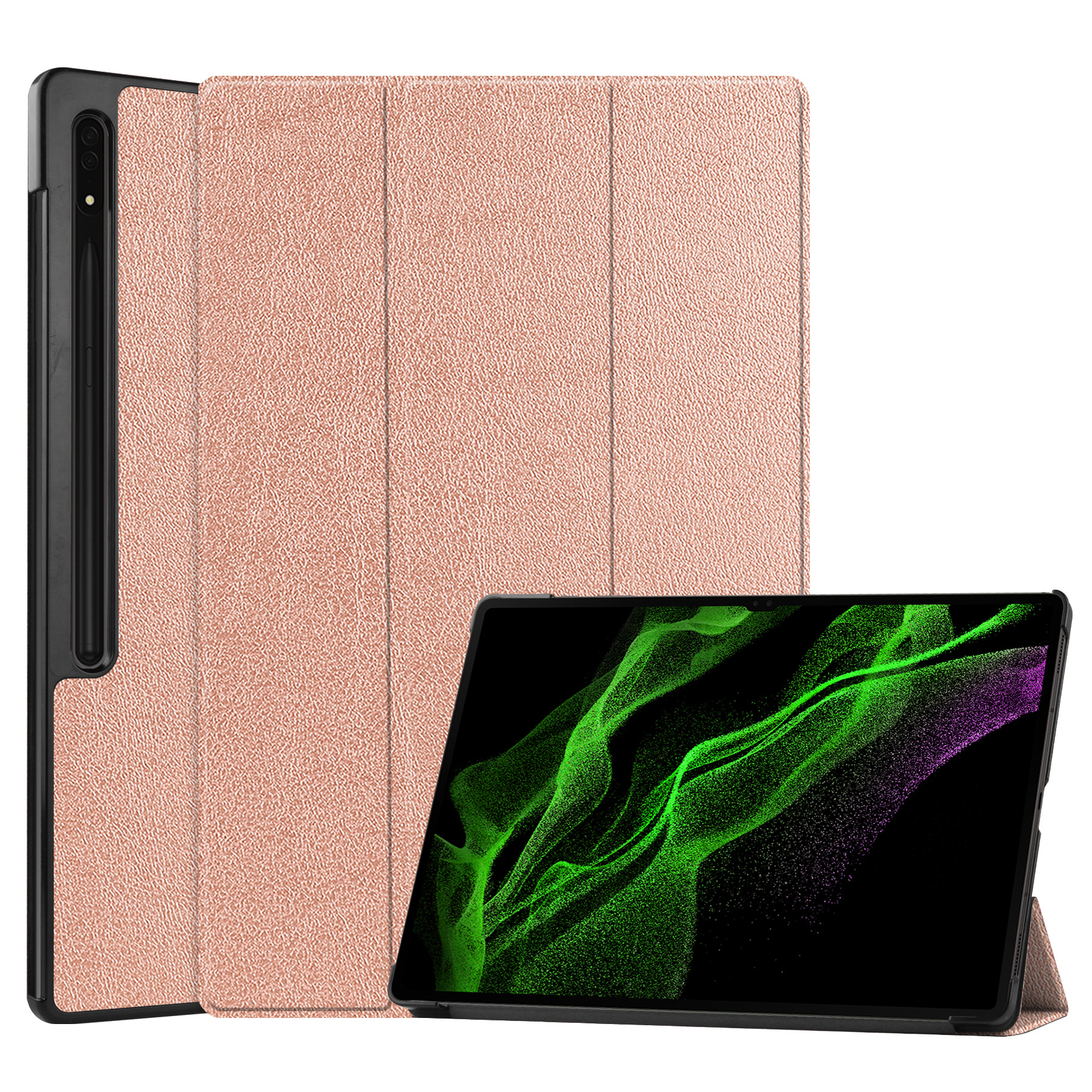 BASEY. Hoesje Geschikt voor Samsung Galaxy Tab S9 Ultra Hoes Case Tablet Hoesje Tri-fold Met Uitsparing Geschikt voor S Pen - Hoes Geschikt voor Samsung Tab S9 Ultra Hoesje Hard Cover Bookcase Hoes - Rosé goud