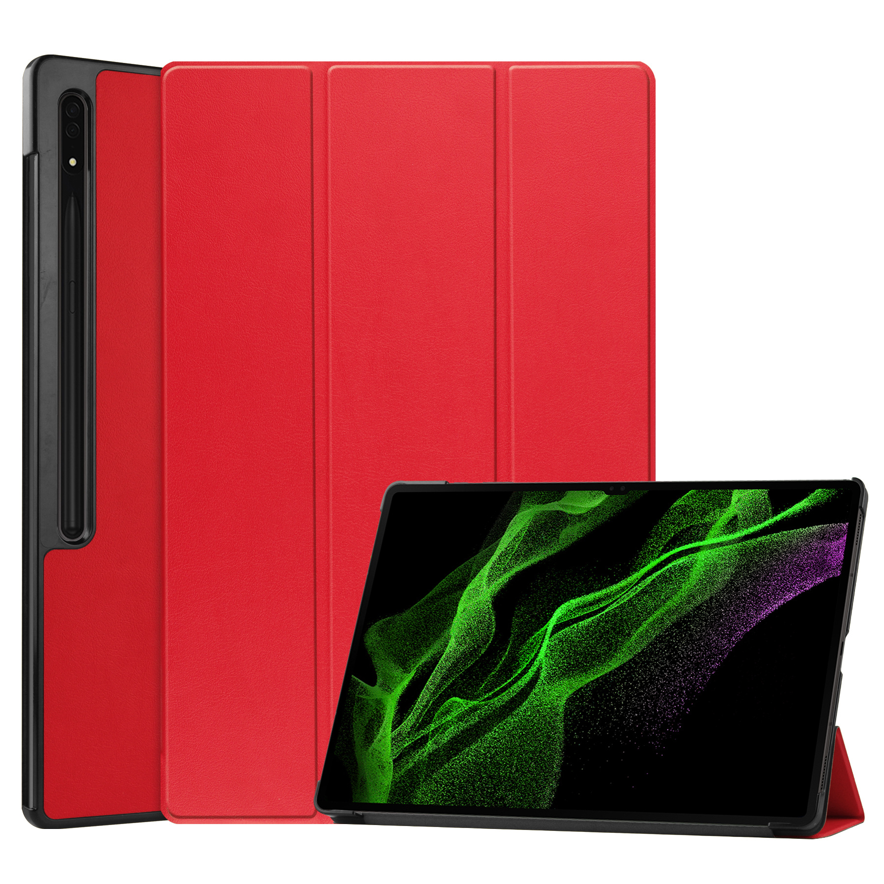 BASEY. Hoesje Geschikt voor Samsung Galaxy Tab S9 Ultra Hoes Case Tablet Hoesje Tri-fold Met Uitsparing Geschikt voor S Pen - Hoes Geschikt voor Samsung Tab S9 Ultra Hoesje Hard Cover Bookcase Hoes - Rood