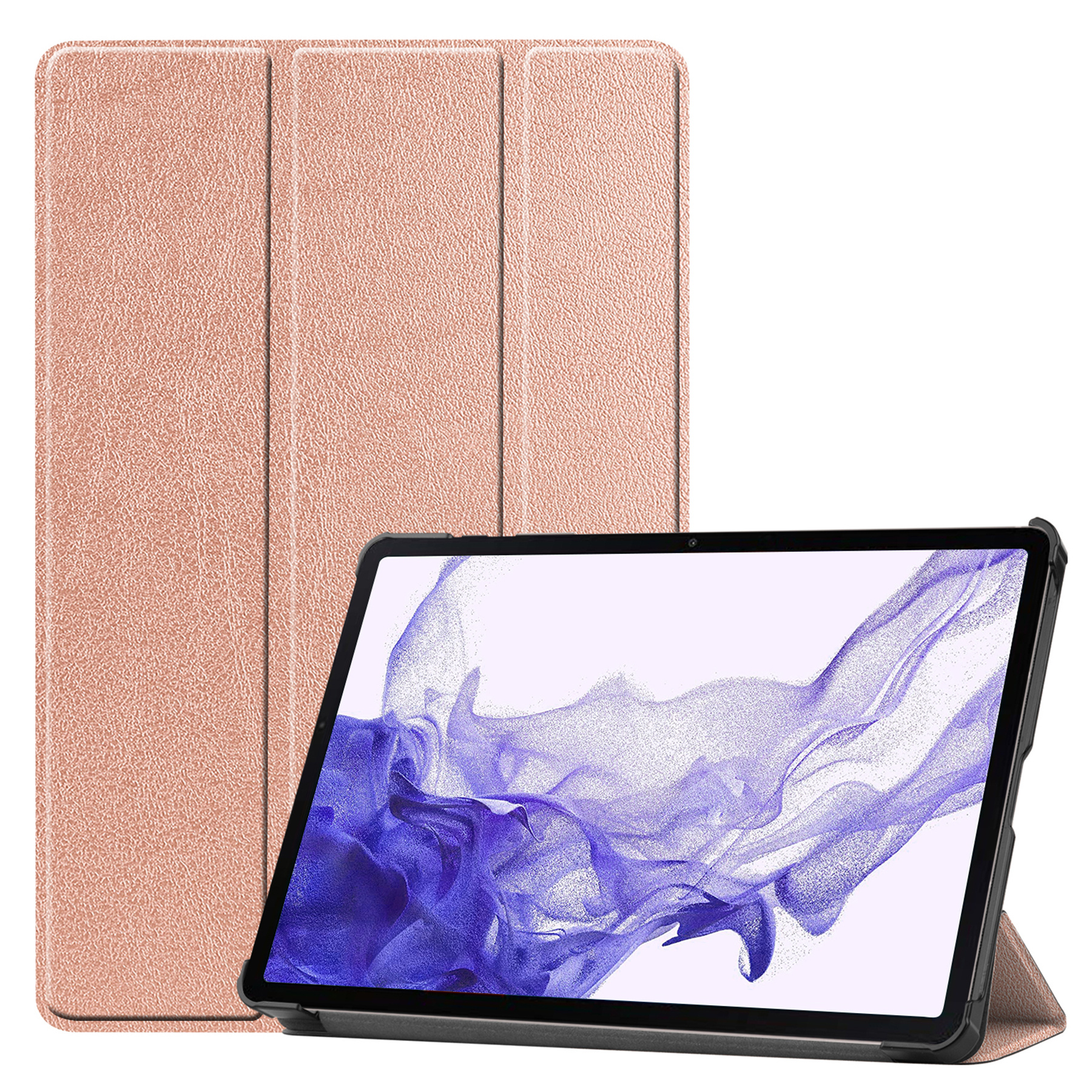 Nomfy Hoes Geschikt voor Samsung Galaxy Tab S9 Hoes Tri-fold Tablet Hoesje Case Met Uitsparing Geschikt voor S Pen - Hoesje Geschikt voor Samsung Tab S9 Hoesje Hardcover Bookcase - Rosé goud