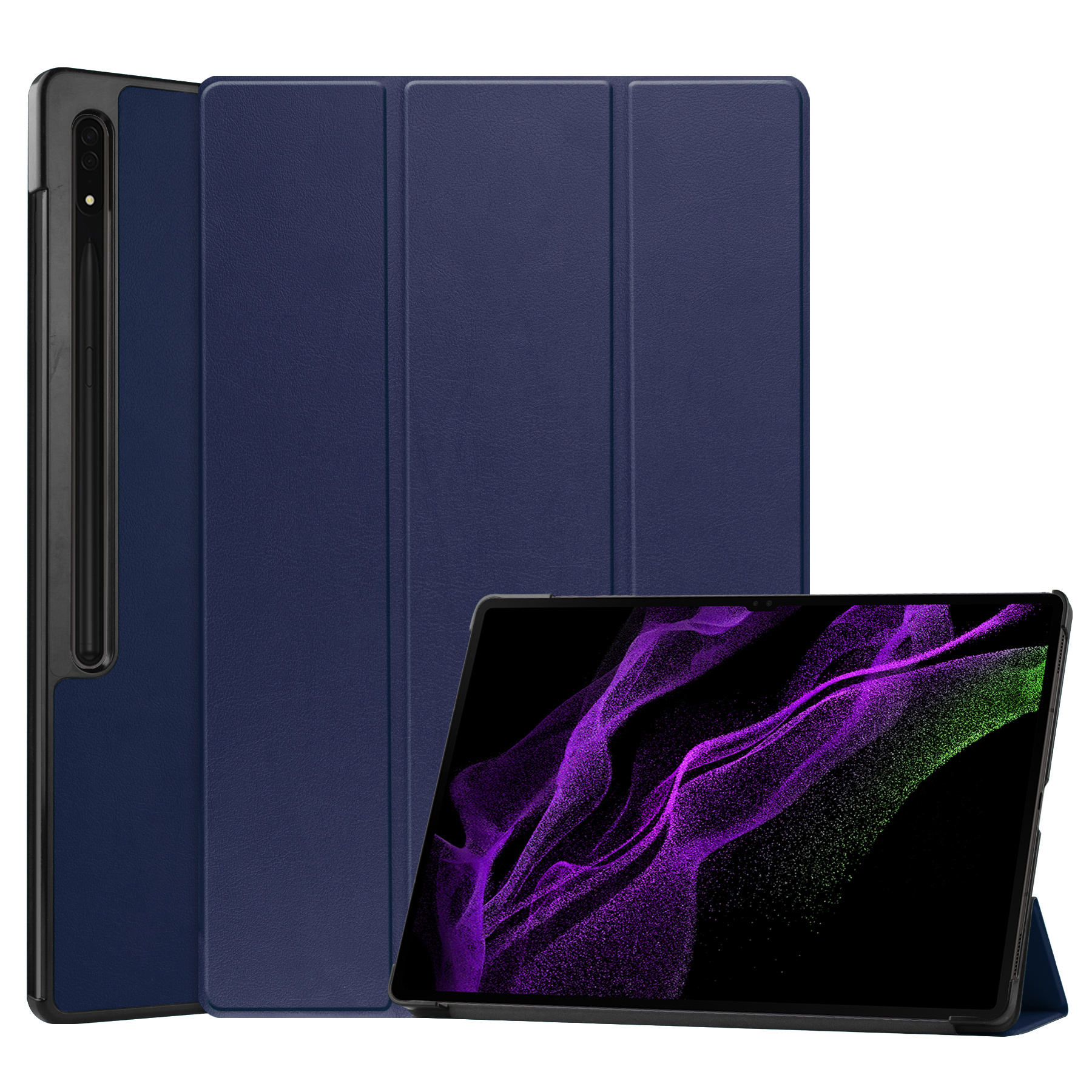 Nomfy Hoes Geschikt voor Samsung Galaxy Tab S9 Ultra Hoes Tri-fold Tablet Hoesje Case Met Uitsparing Geschikt voor S Pen - Hoesje Geschikt voor Samsung Tab S9 Ultra Hoesje Hardcover Bookcase - Donkerblauw